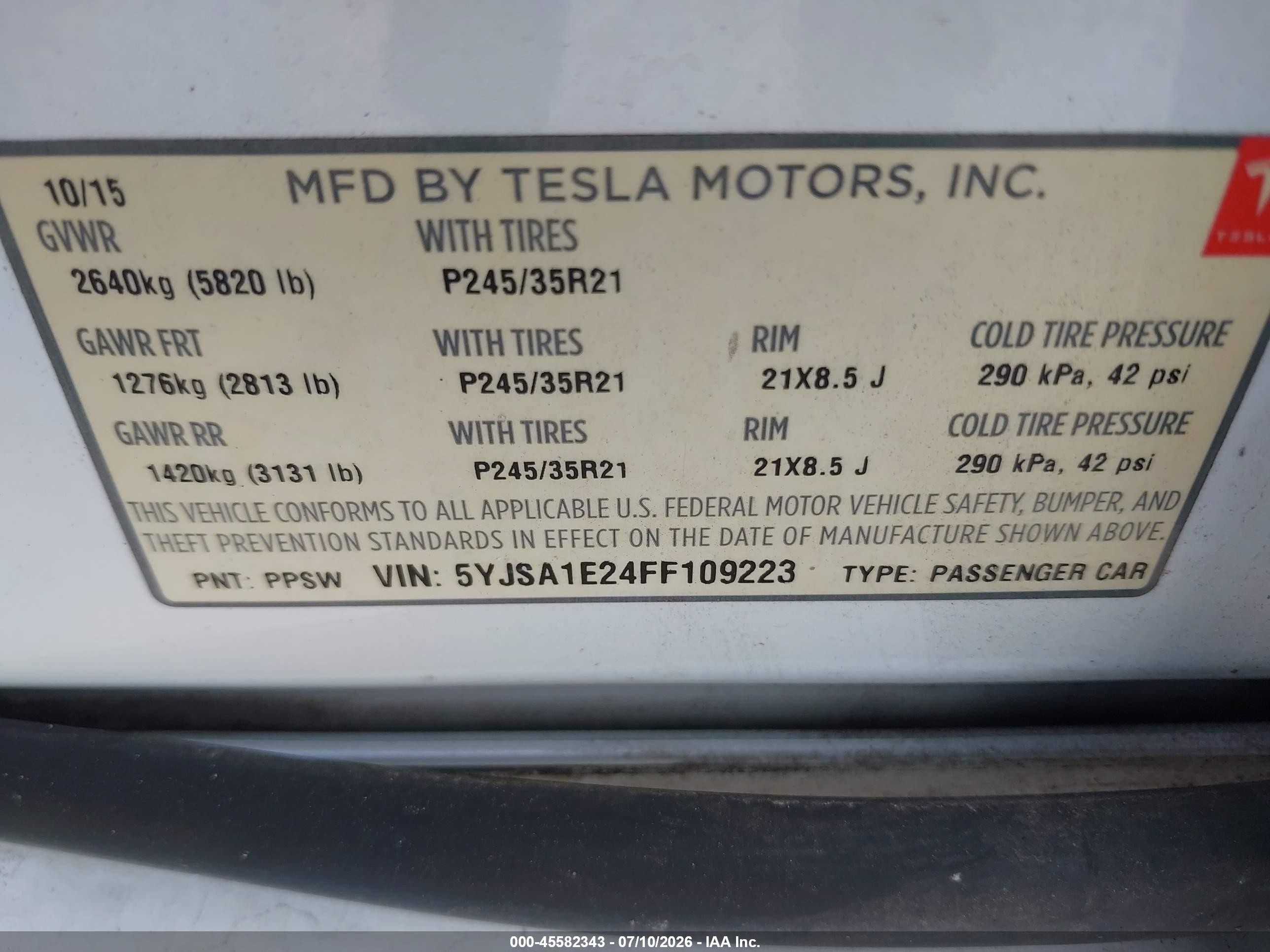 2015 Tesla Model S 70d/85d/p85d White vin: 5YJSA1E24FF109223
