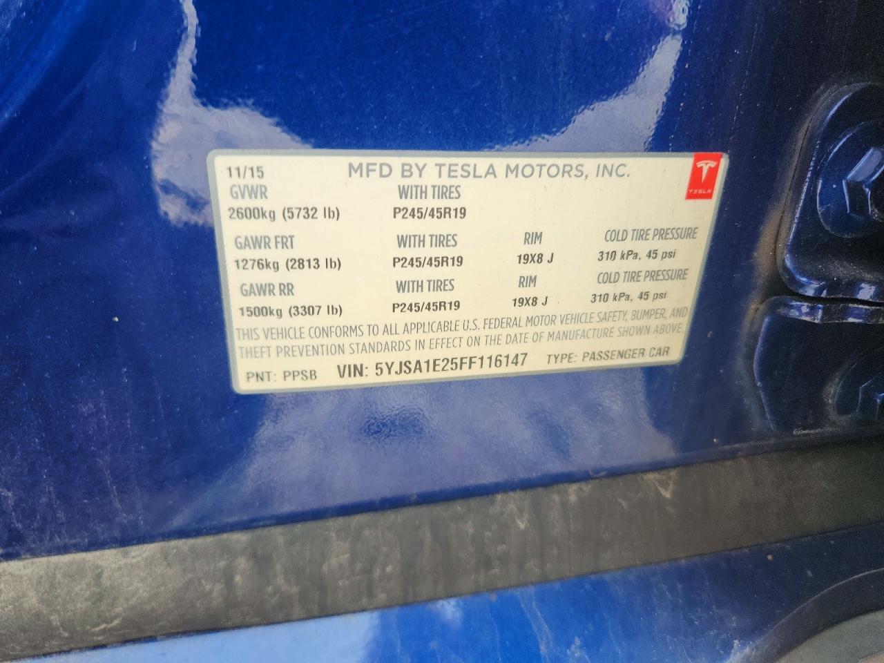 2015 Tesla Model S Blue vin: 5YJSA1E25FF116147