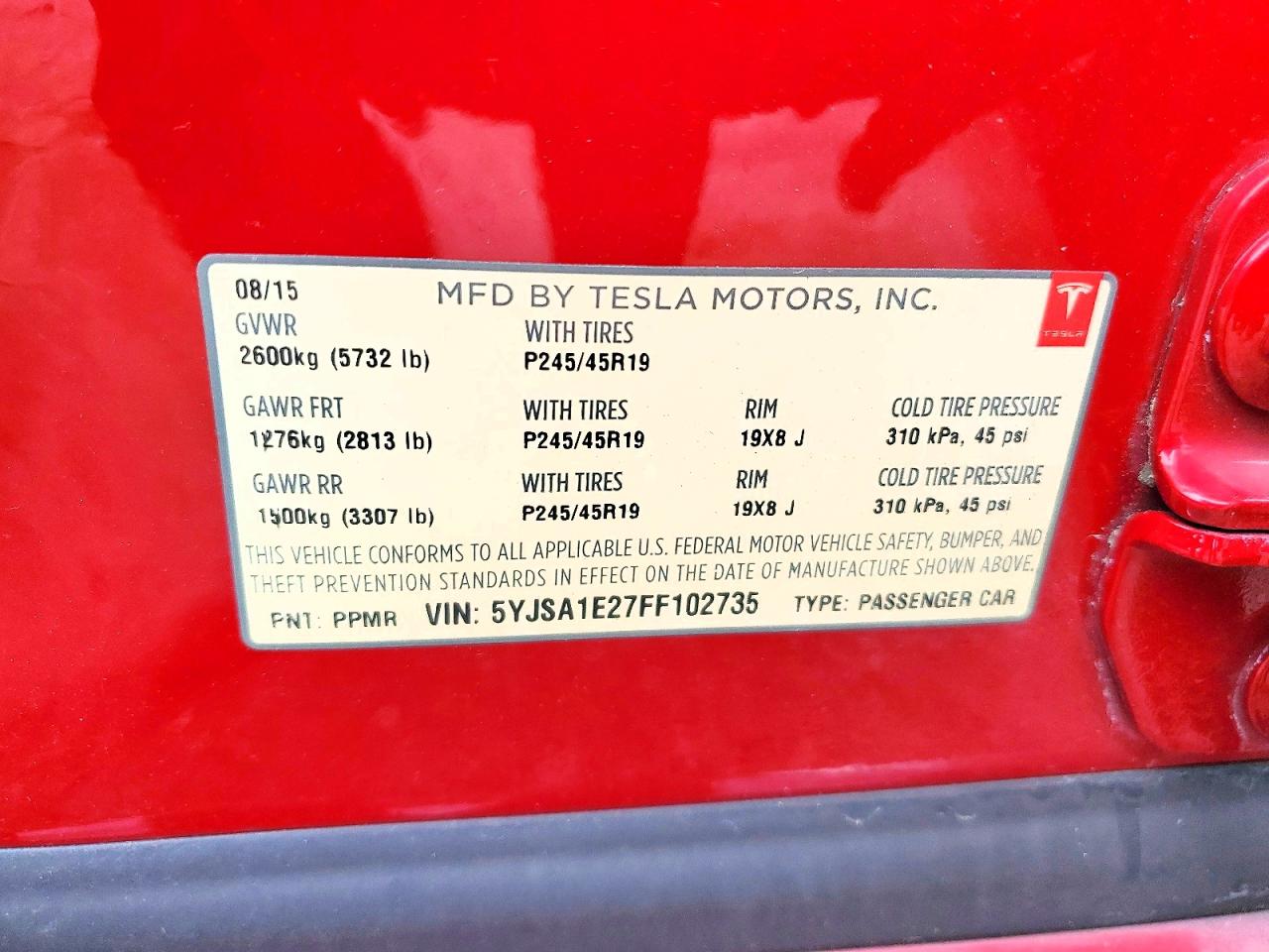 2015 Tesla Model S Red vin: 5YJSA1E27FF102735