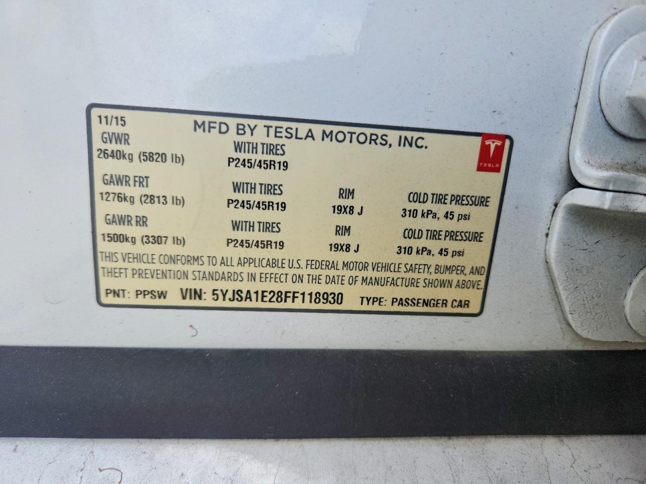 2015 Tesla Model S White vin: 5YJSA1E28FF118930