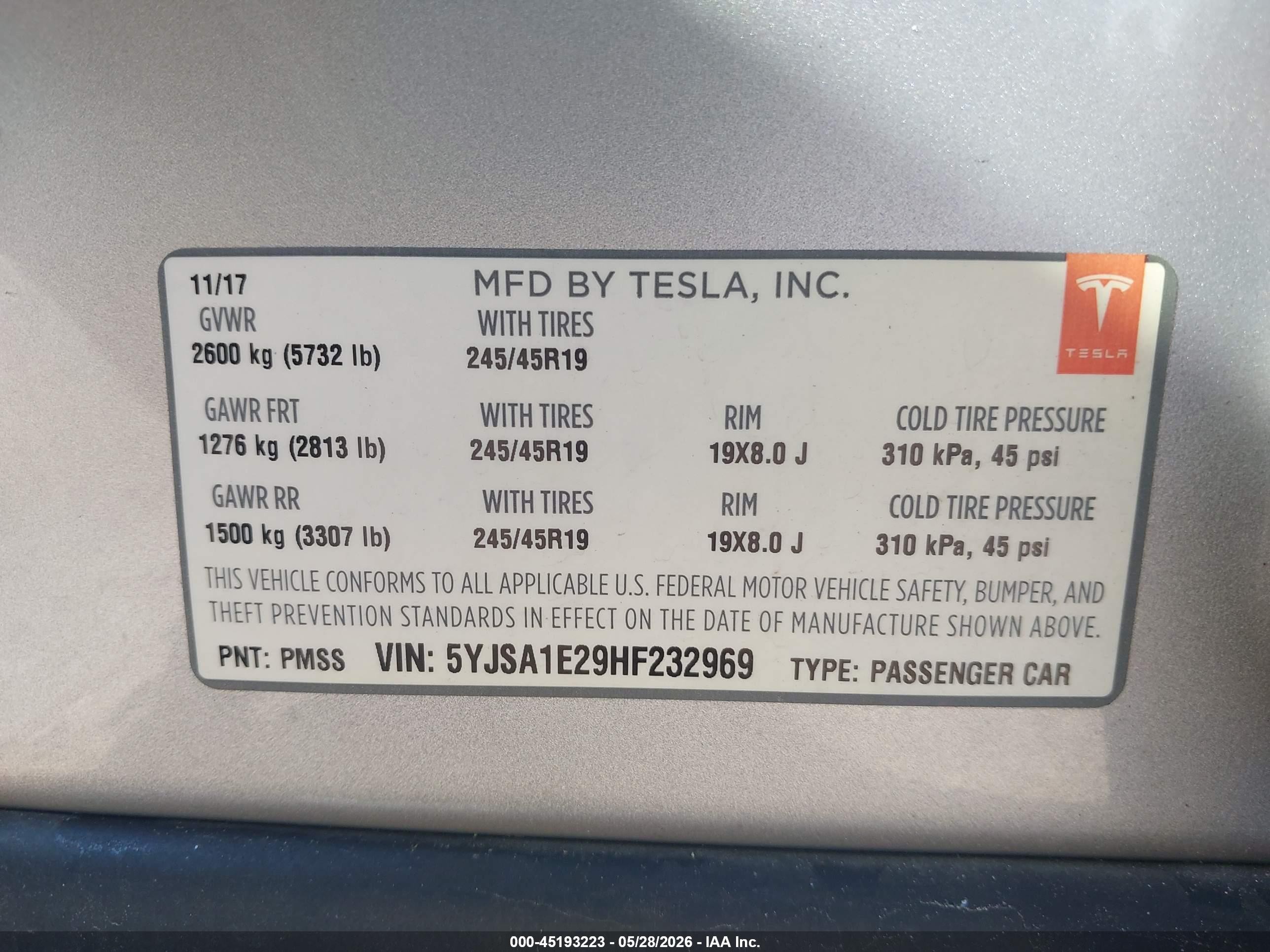 2017 Tesla Model S 100d/60d/75d/90d/p100d Серебряный vin: 5YJSA1E29HF232969