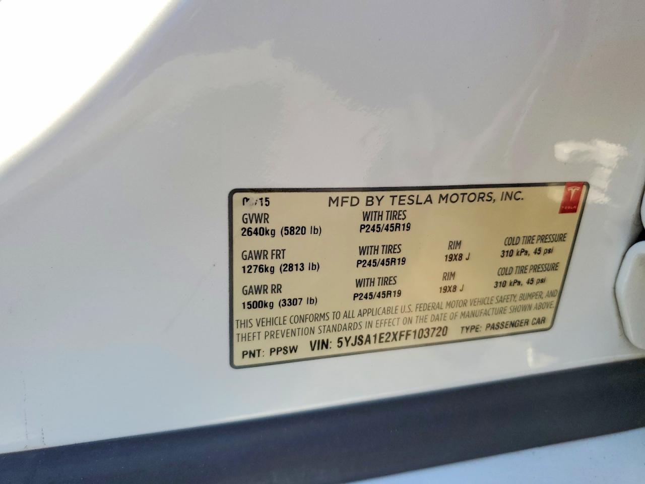 2015 Tesla Model S White vin: 5YJSA1E2XFF103720