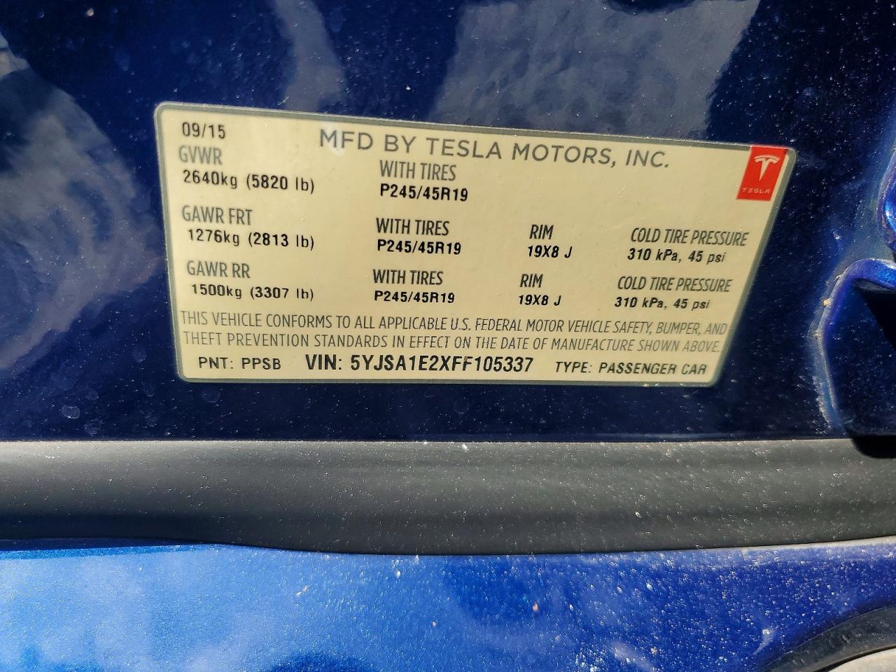 2015 Tesla Model S Blue vin: 5YJSA1E2XFF105337