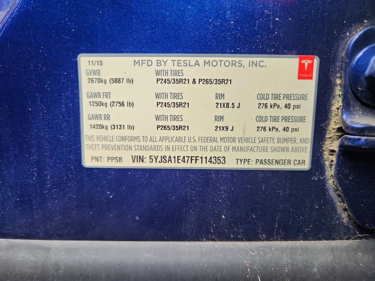 2015 Tesla Model S Blue vin: 5YJSA1E47FF114353