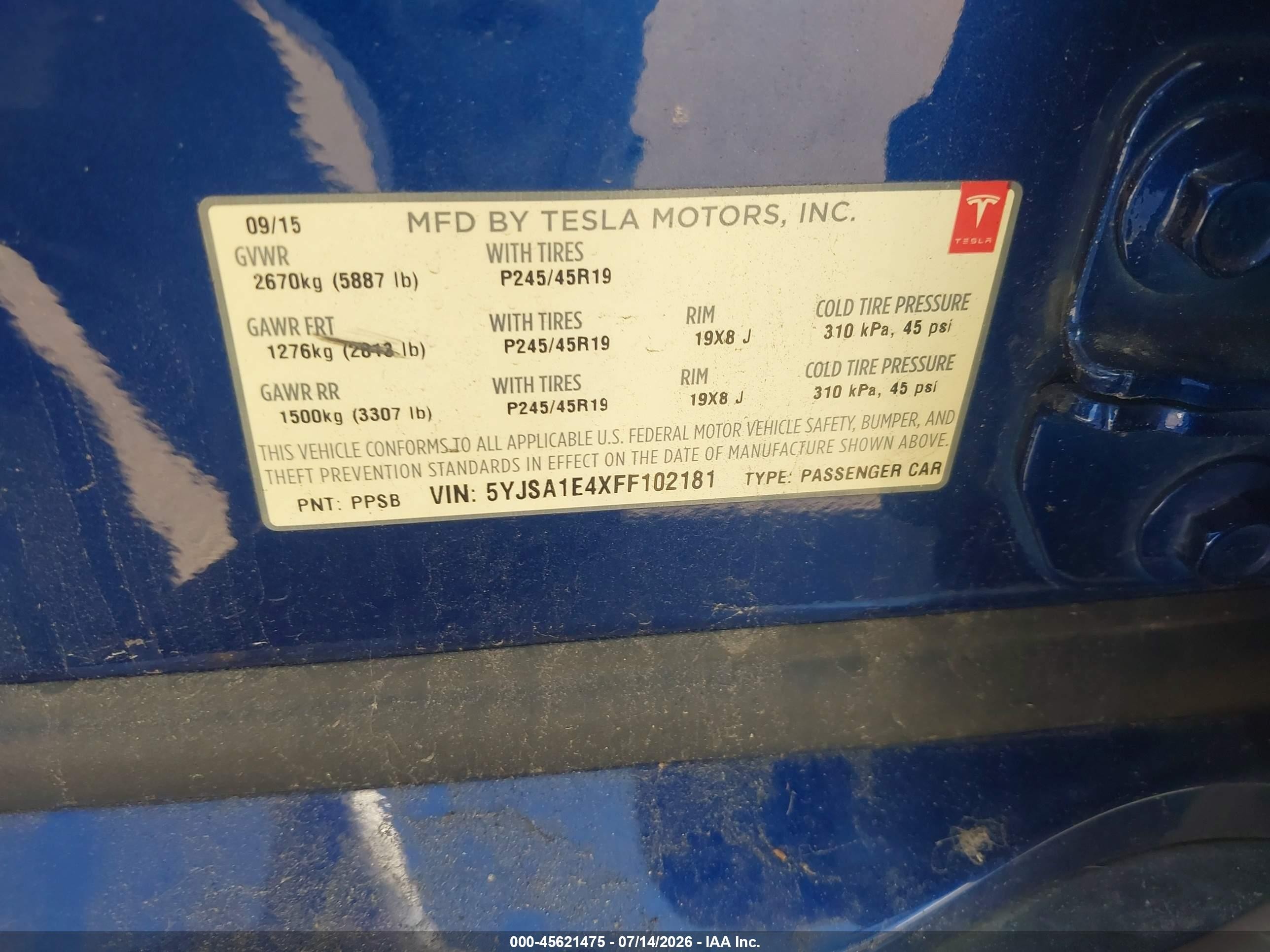 2015 Tesla Model S 85d/p85d Blue vin: 5YJSA1E4XFF102181