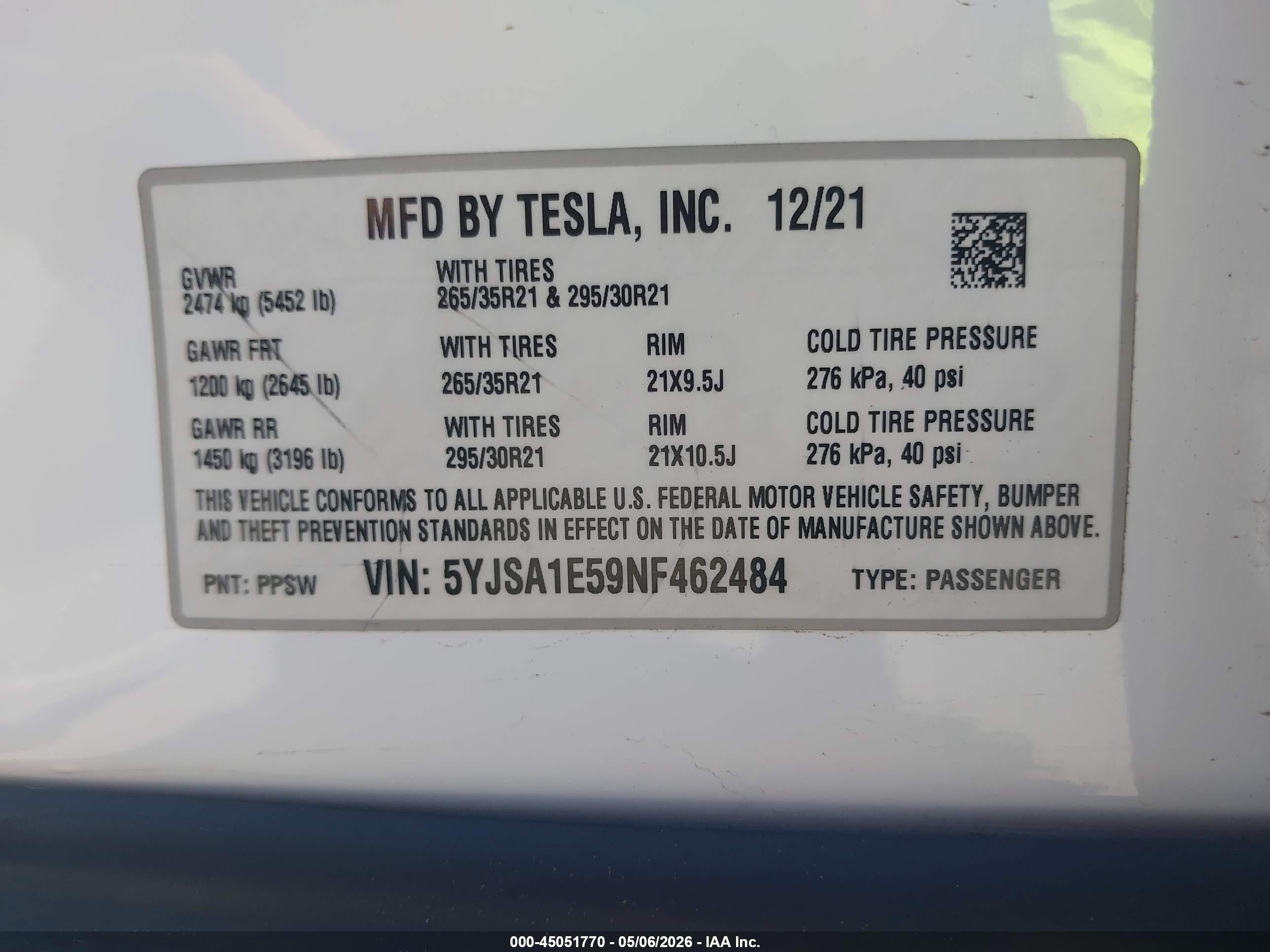 2022 Tesla Model S Dual Motor All-wheel Drive White vin: 5YJSA1E59NF462484