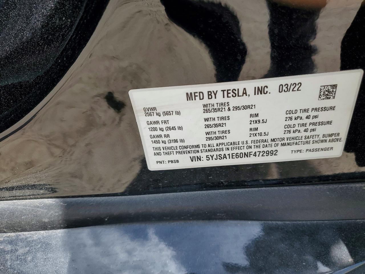 2022 Tesla Mdl 3 Pf Black vin: 5YJSA1E60NF472992