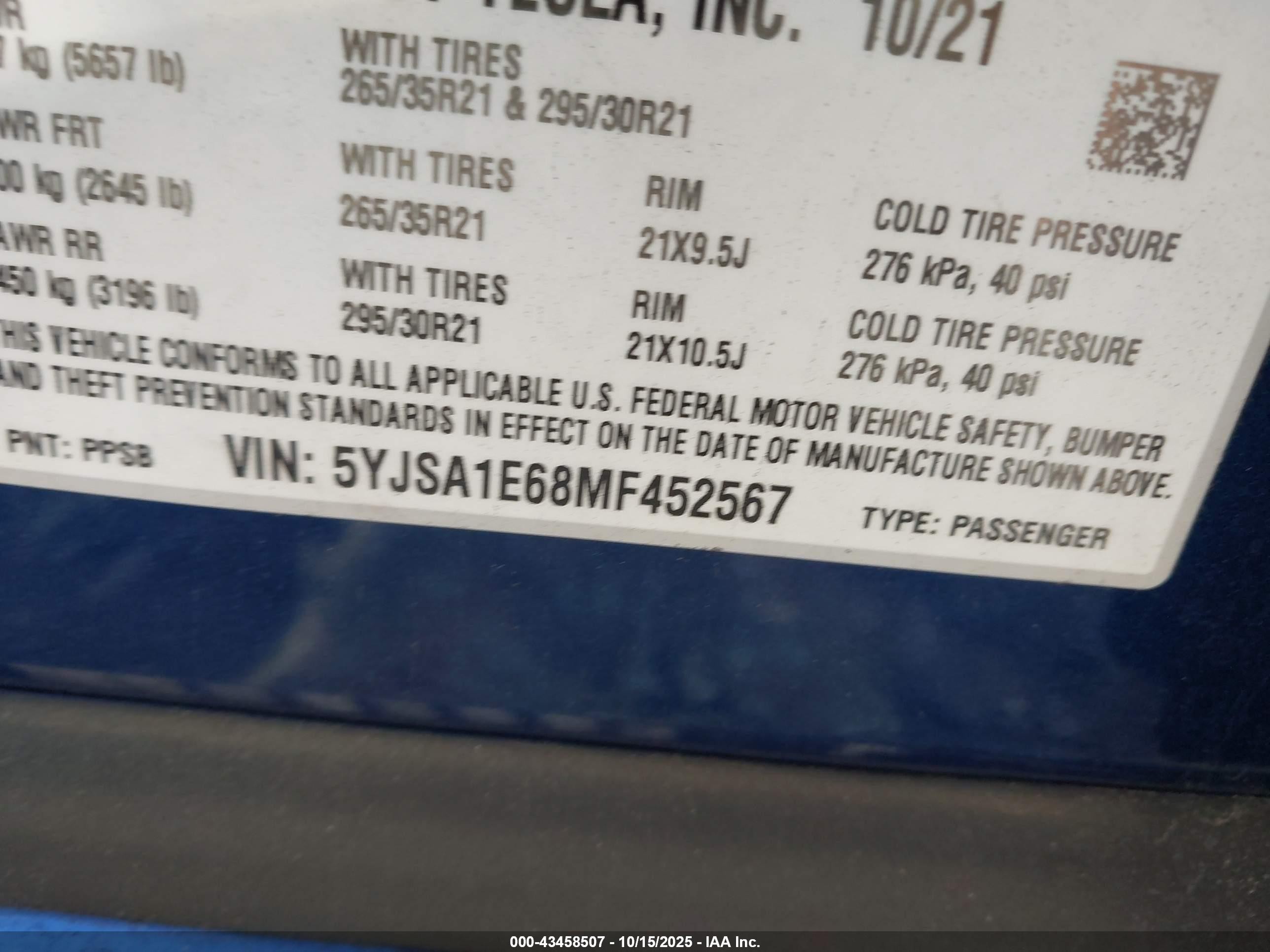 2021 Tesla Model S Plaid Tri Motor All-wheel Drive Dark Blue vin: 5YJSA1E68MF452567