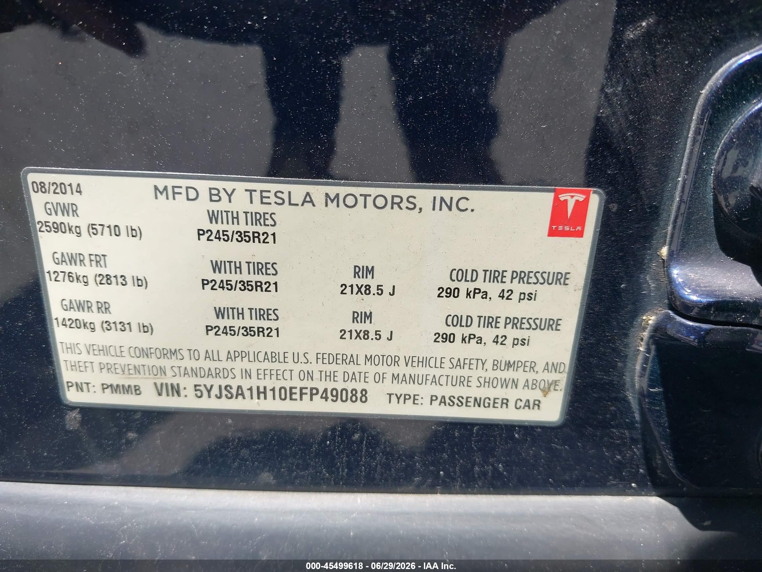 2014 Tesla Model S P85 Dark Blue vin: 5YJSA1H10EFP49088
