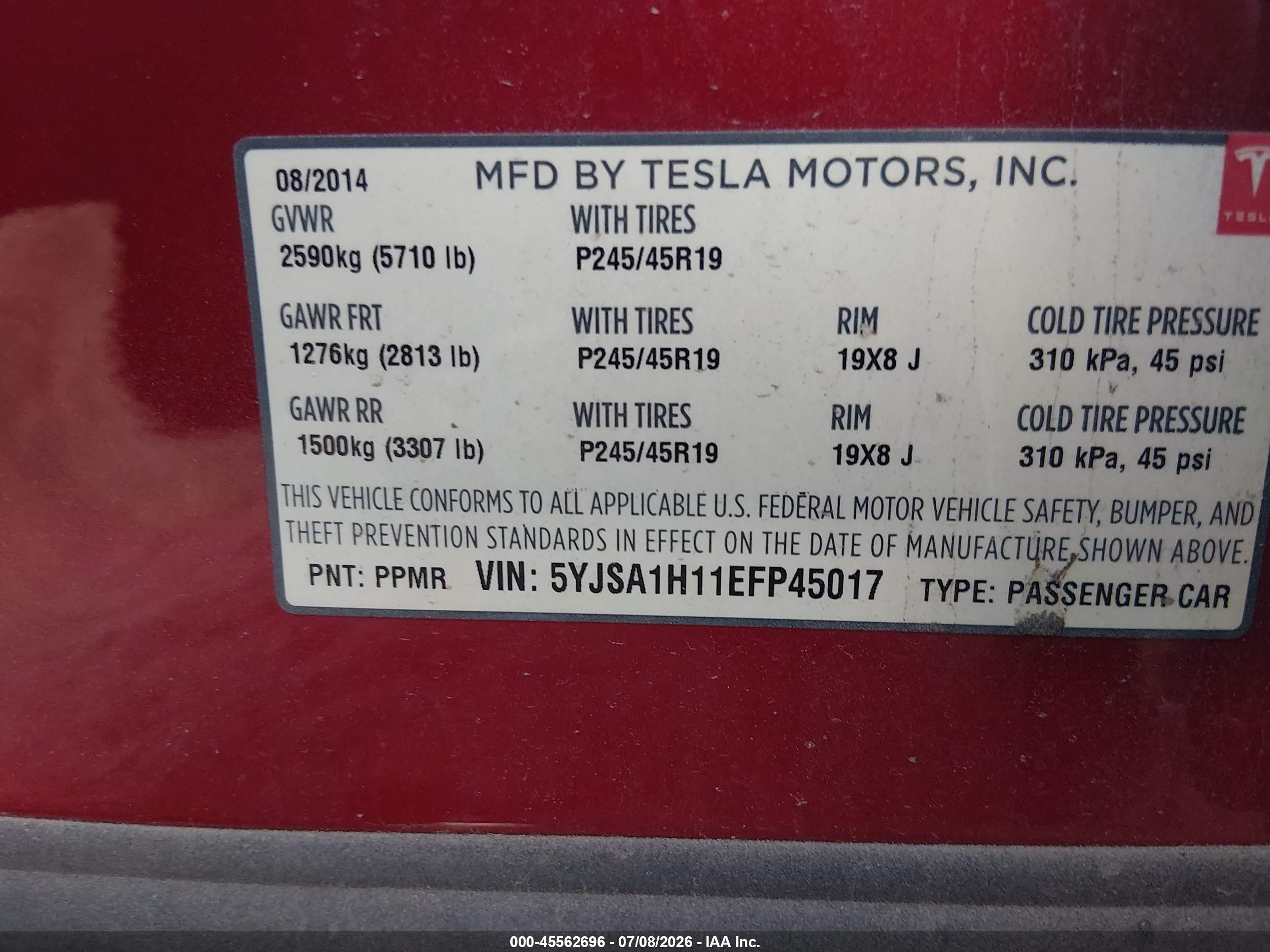 2014 Tesla Model S P85 Красный vin: 5YJSA1H11EFP45017