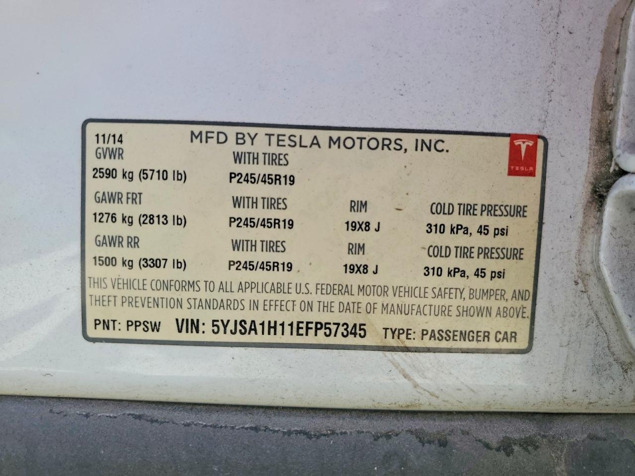 2014 Tesla Model S White vin: 5YJSA1H11EFP57345