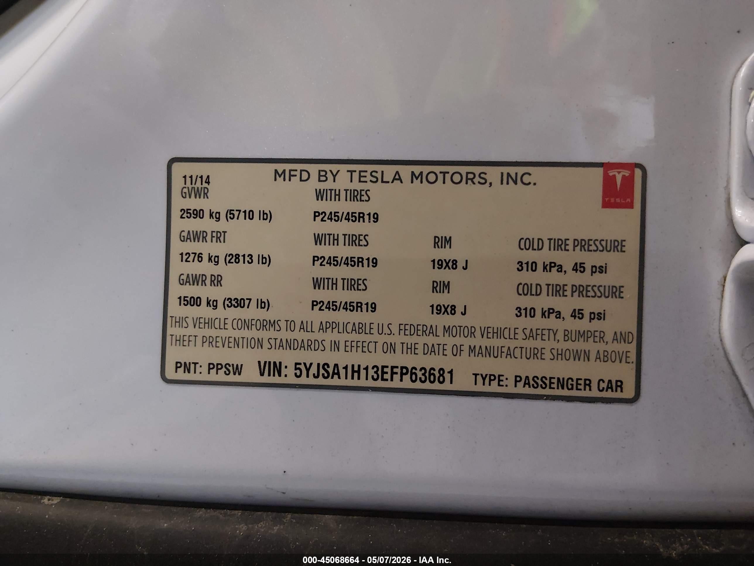 2014 Tesla Model S P85 Белый vin: 5YJSA1H13EFP63681