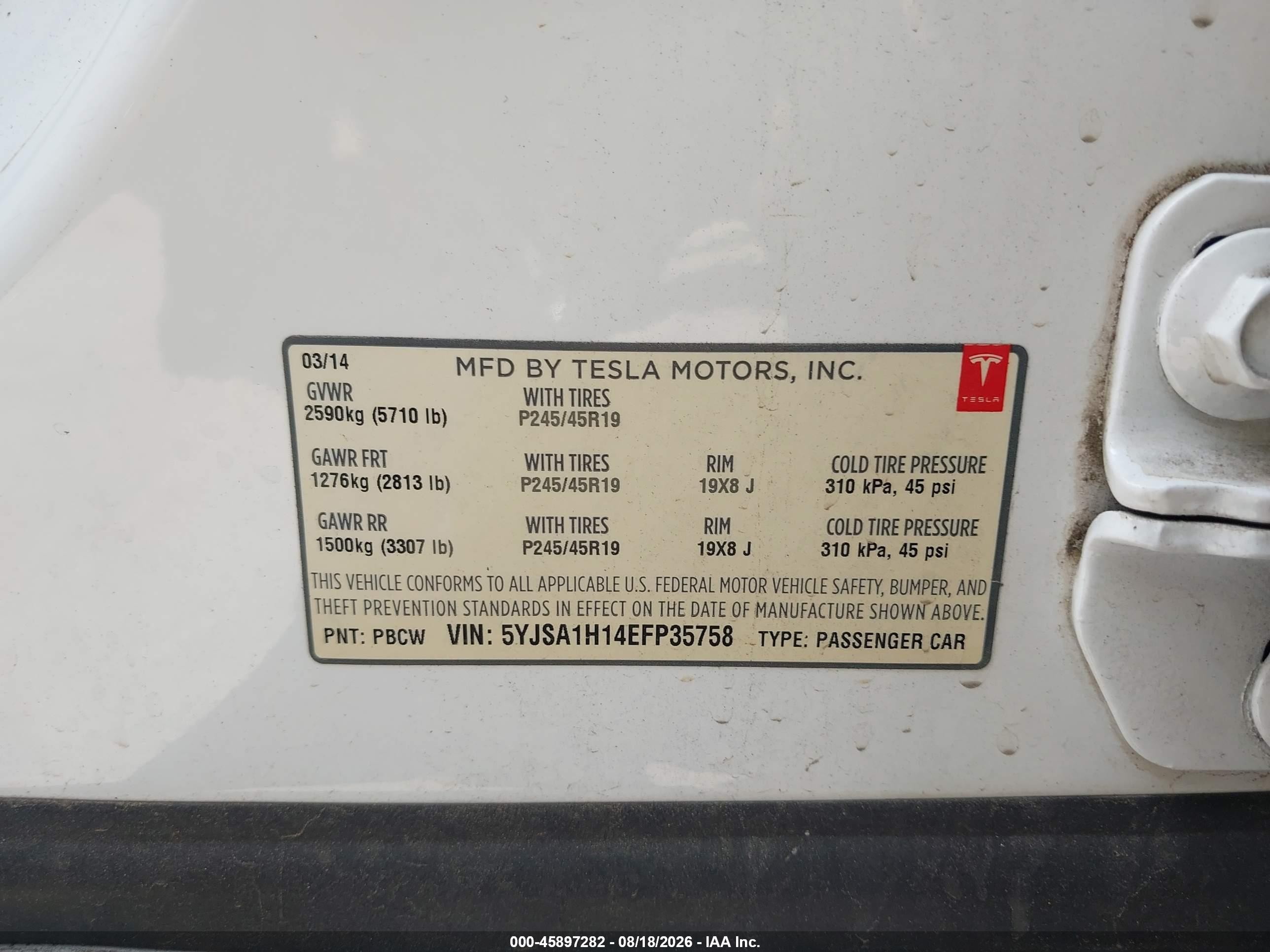 2014 Tesla Model S P85 White vin: 5YJSA1H14EFP35758