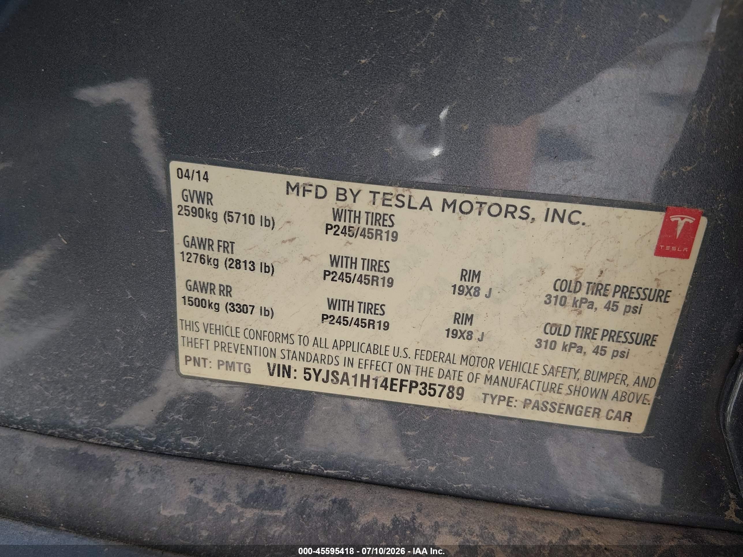 2014 Tesla Model S P85 Серый vin: 5YJSA1H14EFP35789
