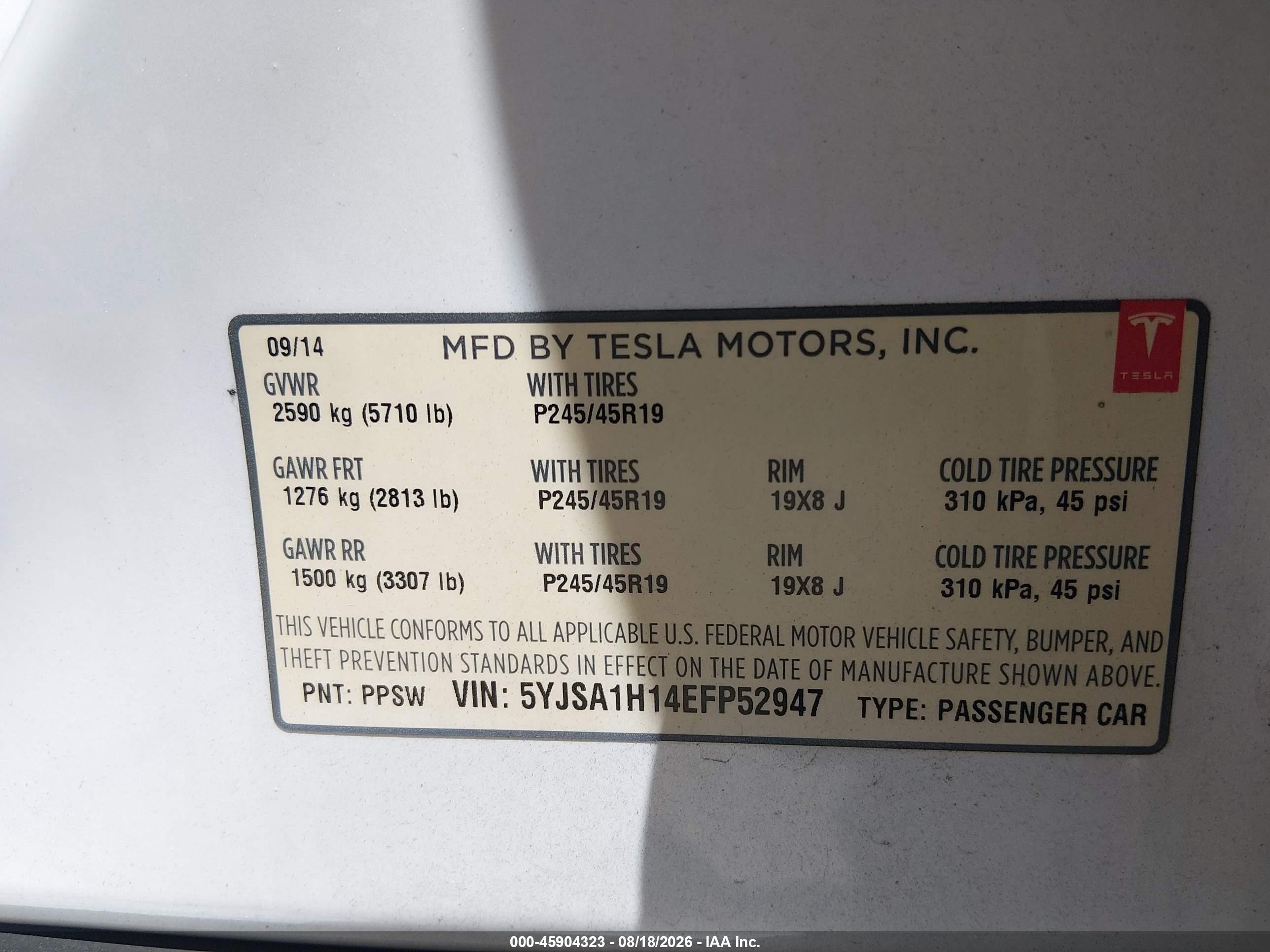 2014 Tesla Model S P85 White vin: 5YJSA1H14EFP52947