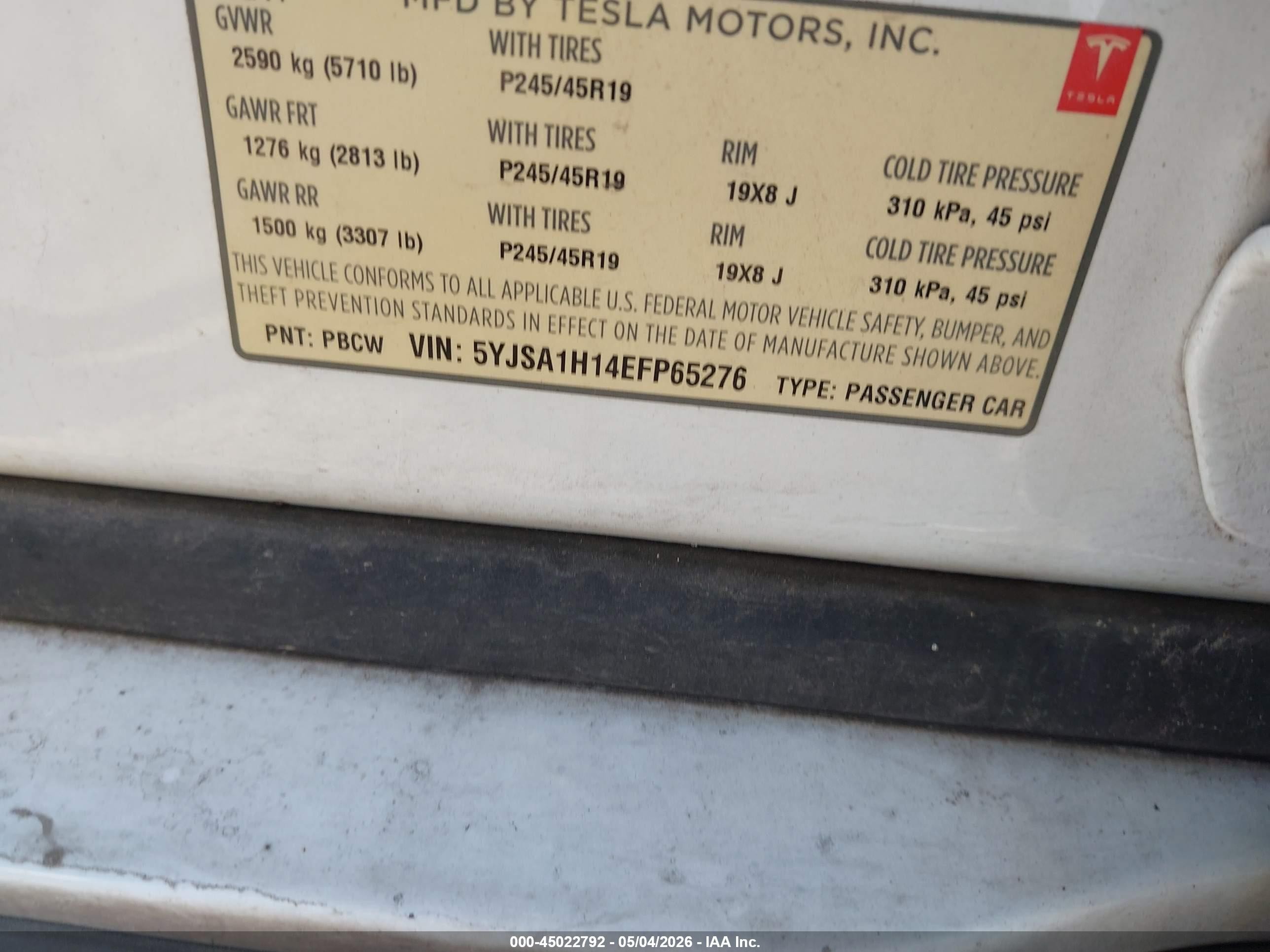 2014 Tesla Model S P85 White vin: 5YJSA1H14EFP65276