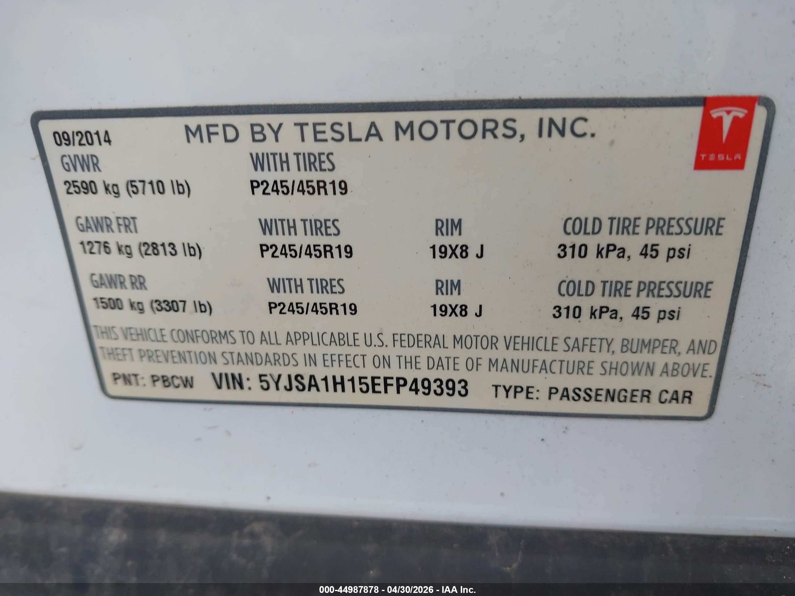 2014 Tesla Model S P85 White vin: 5YJSA1H15EFP49393