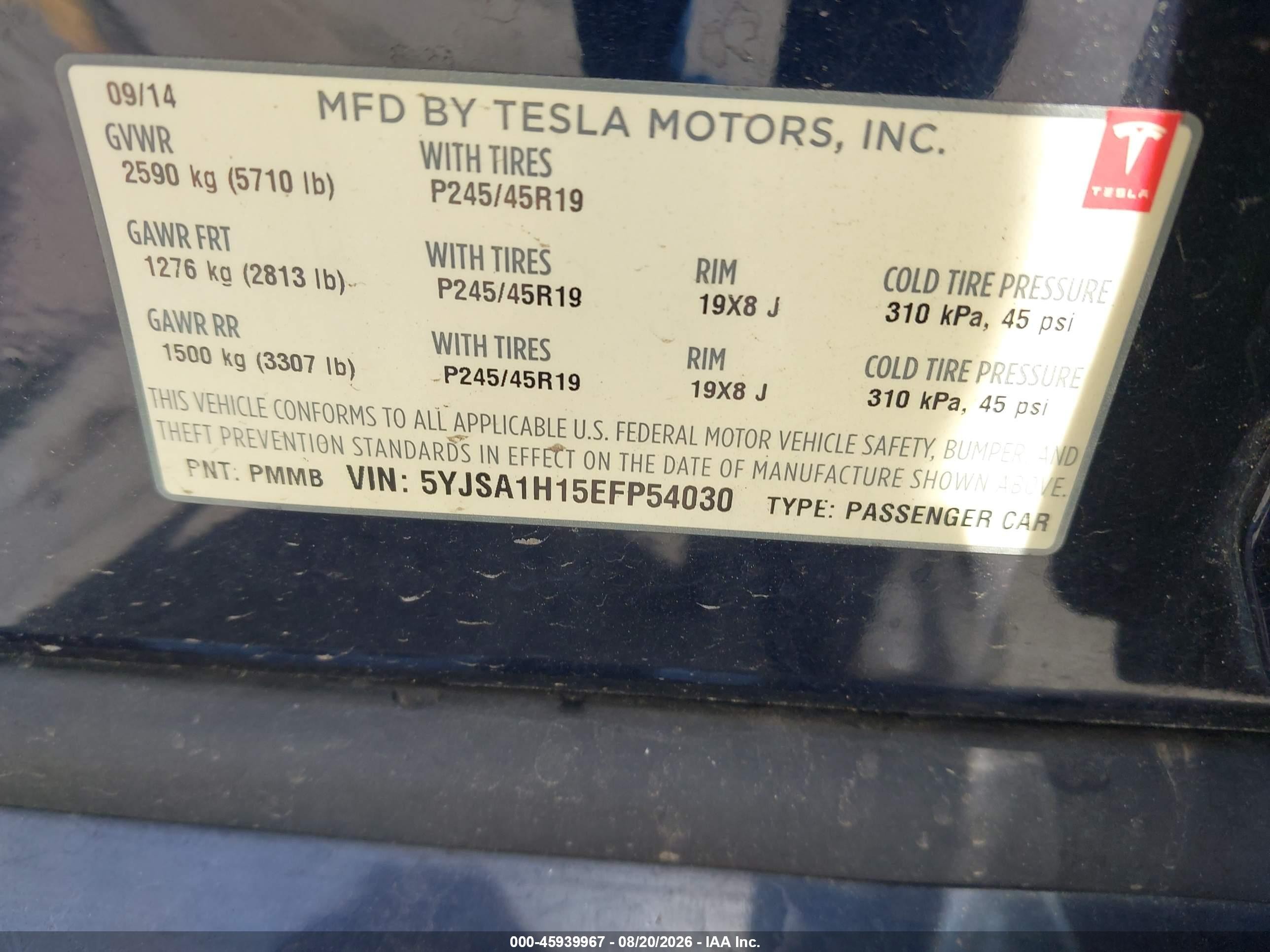 2014 Tesla Model S P85 Blue vin: 5YJSA1H15EFP54030