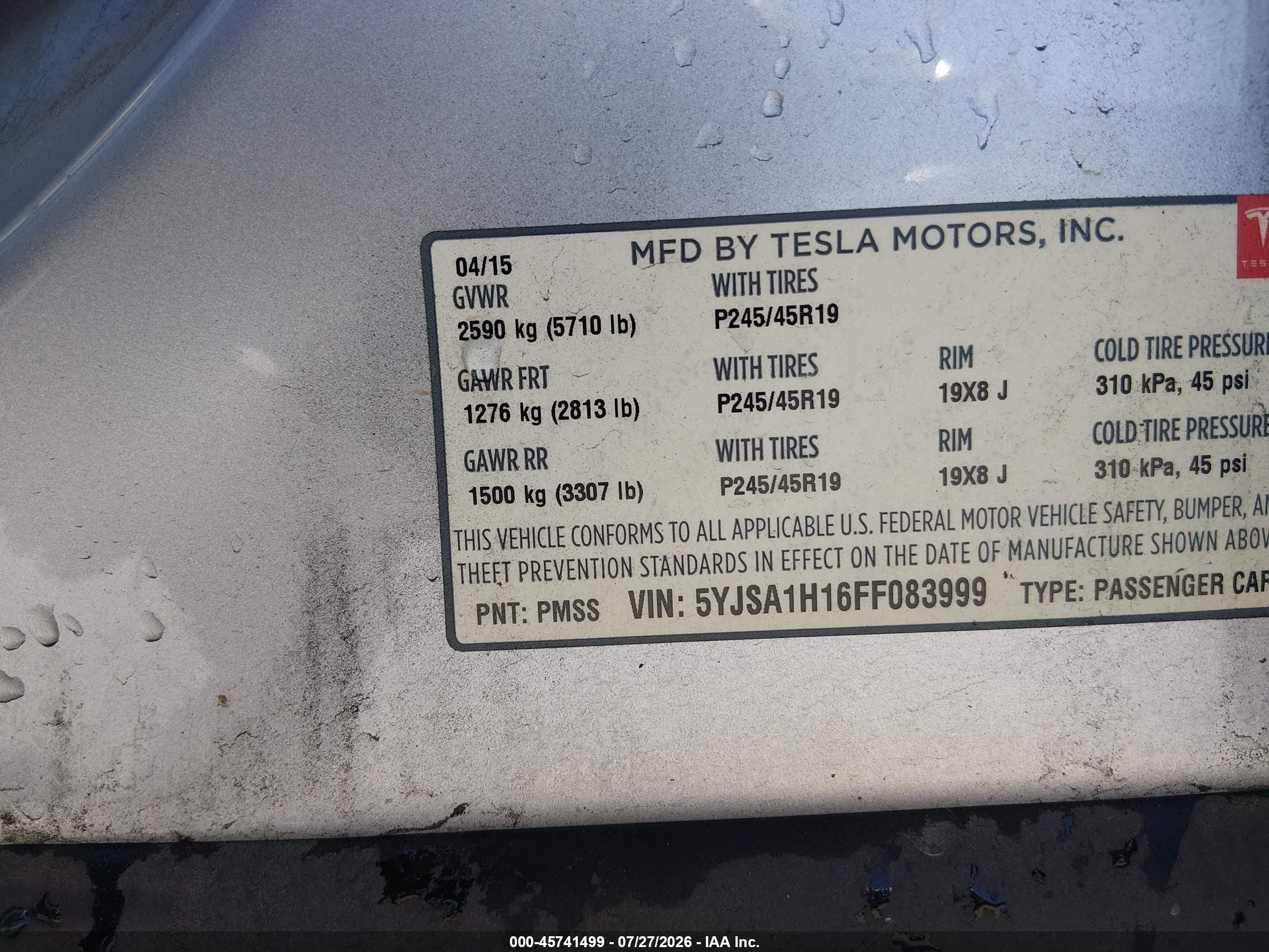 2015 Tesla Model S 60/70/85 Silver vin: 5YJSA1H16FF083999