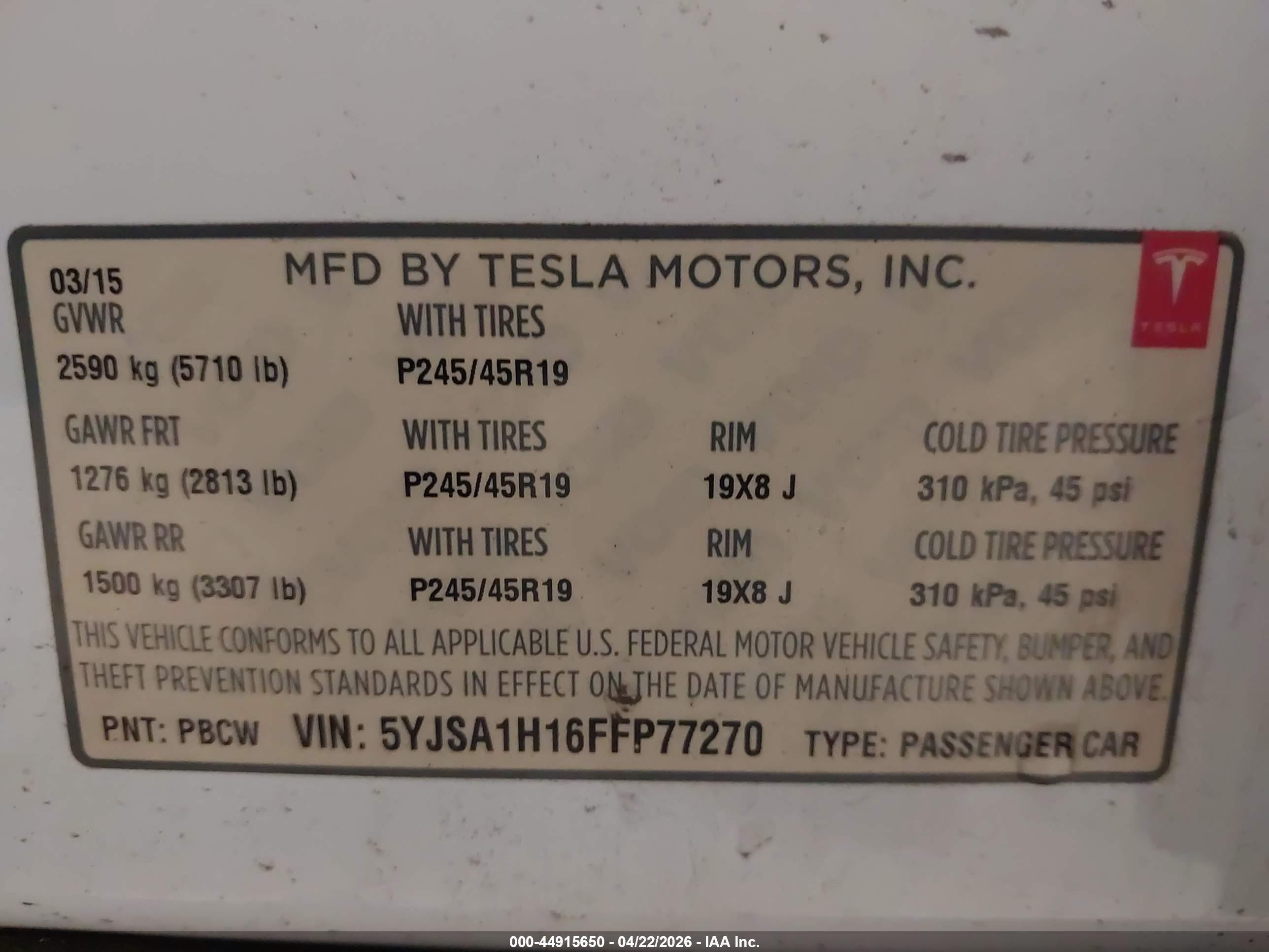 2015 Tesla Model S 60/70/85 White vin: 5YJSA1H16FFP77270