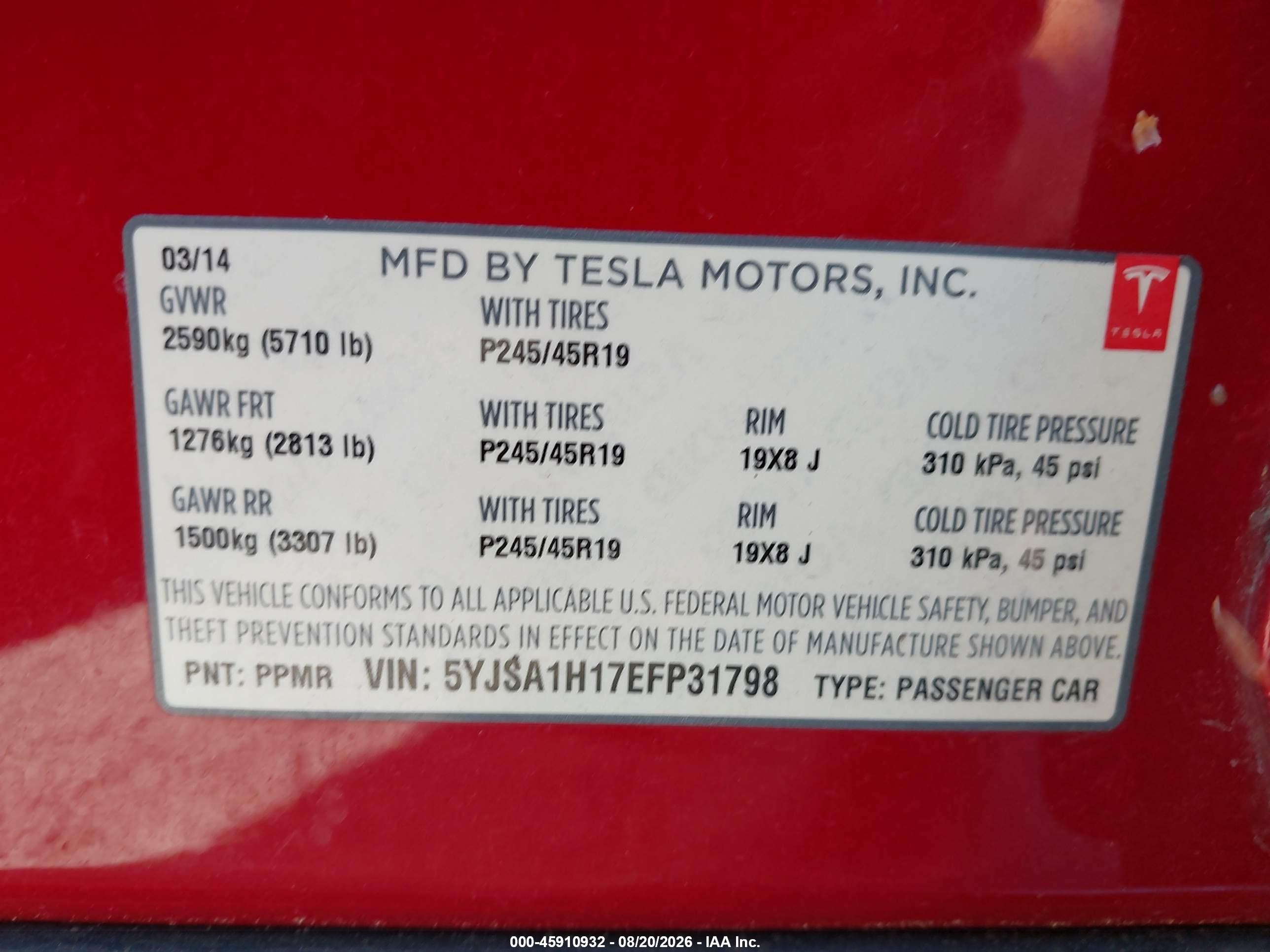 2014 Tesla Model S P85 Красный vin: 5YJSA1H17EFP31798