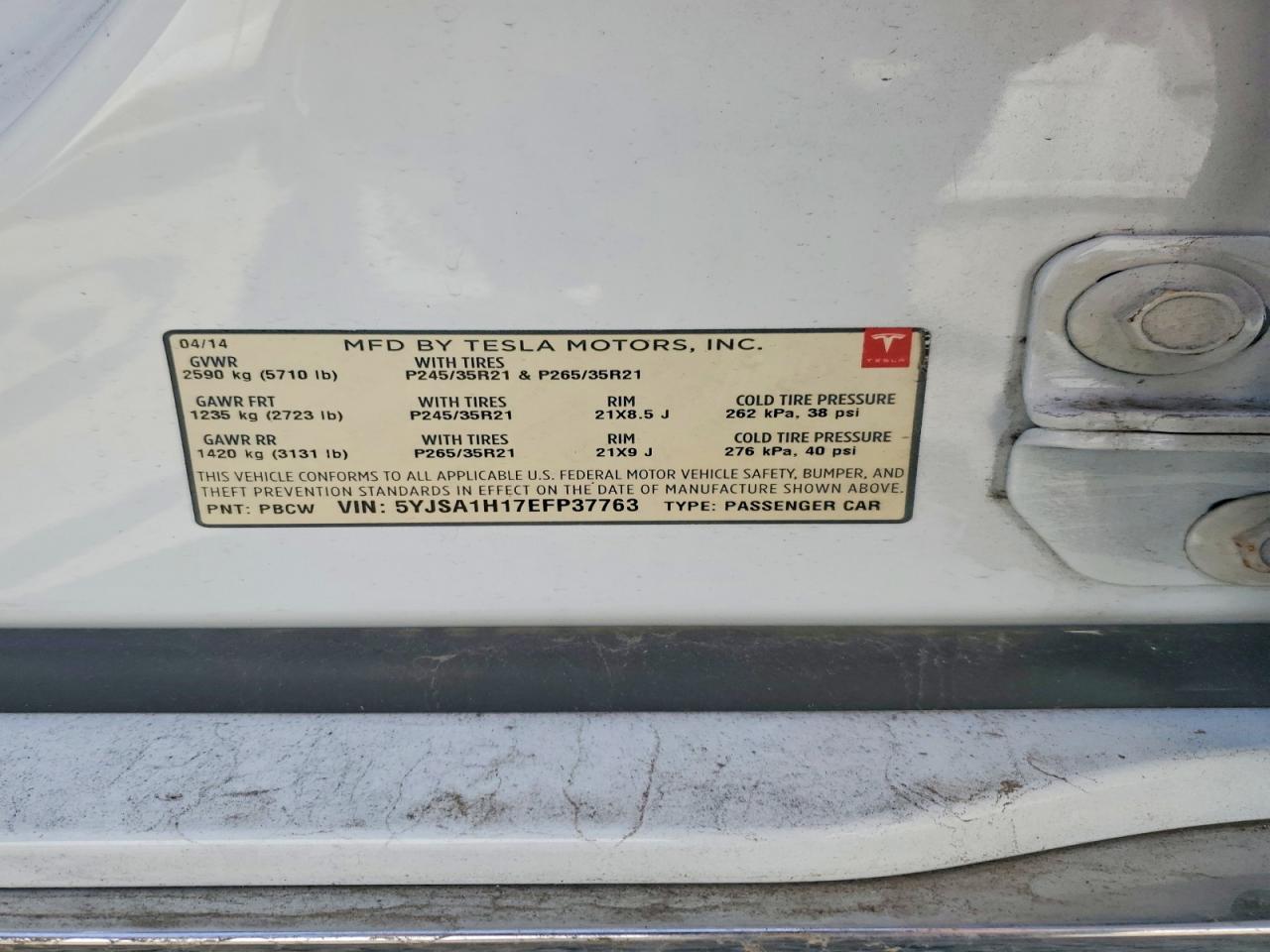 2014 Tesla Model S White vin: 5YJSA1H17EFP37763