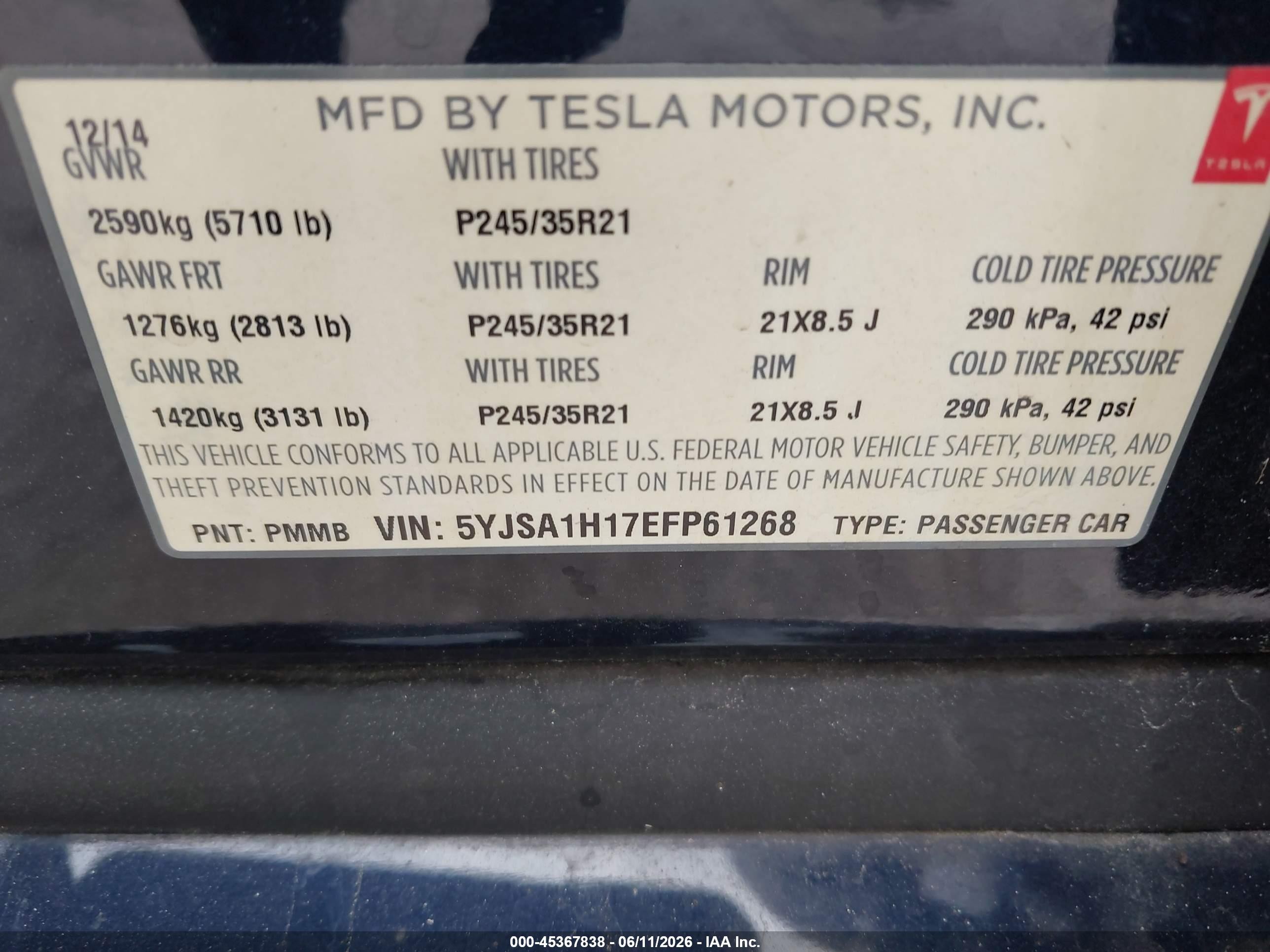 2014 Tesla Model S P85 Blue vin: 5YJSA1H17EFP61268