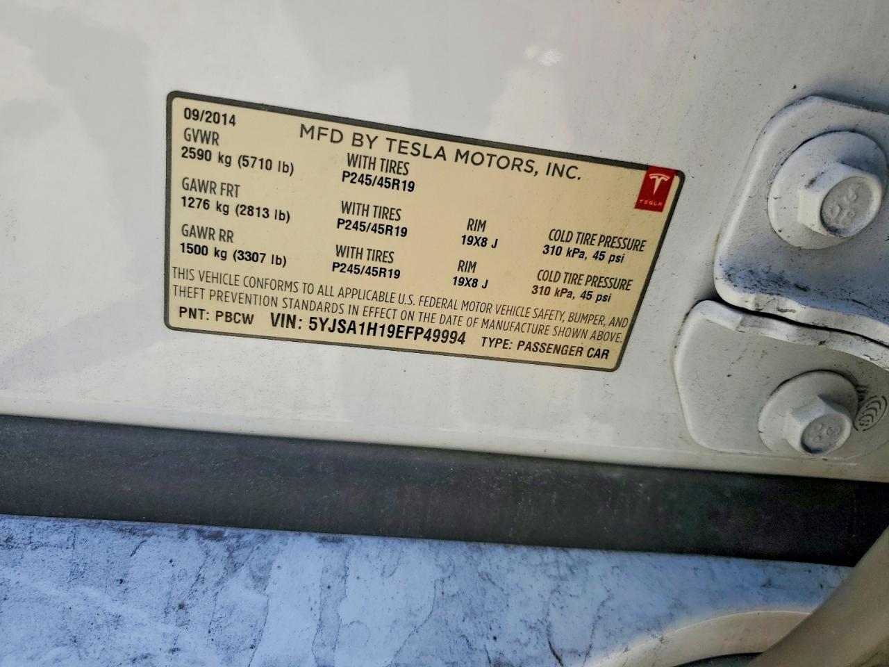 2014 Tesla Model S White vin: 5YJSA1H19EFP49994