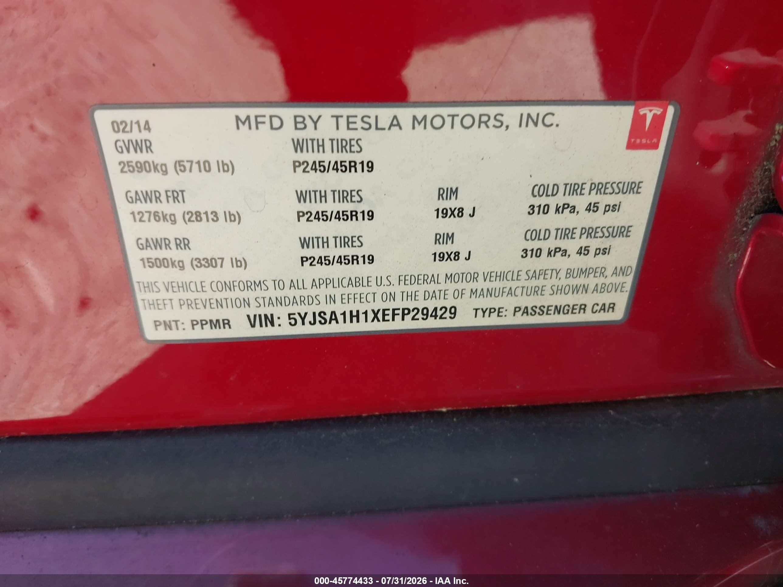 2014 Tesla Model S P85 Red vin: 5YJSA1H1XEFP29429