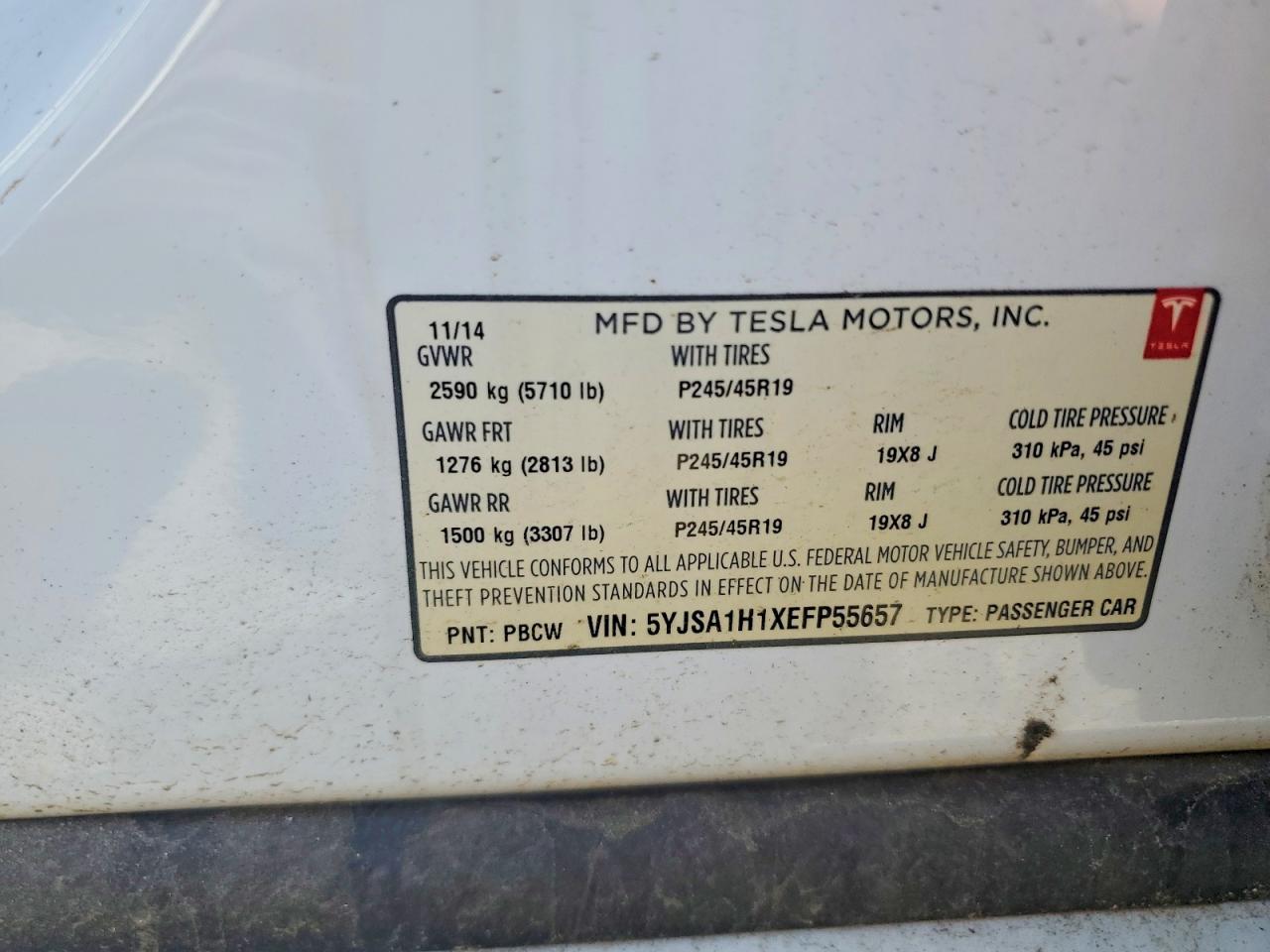 2014 Tesla Model S P85 White vin: 5YJSA1H1XEFP55657