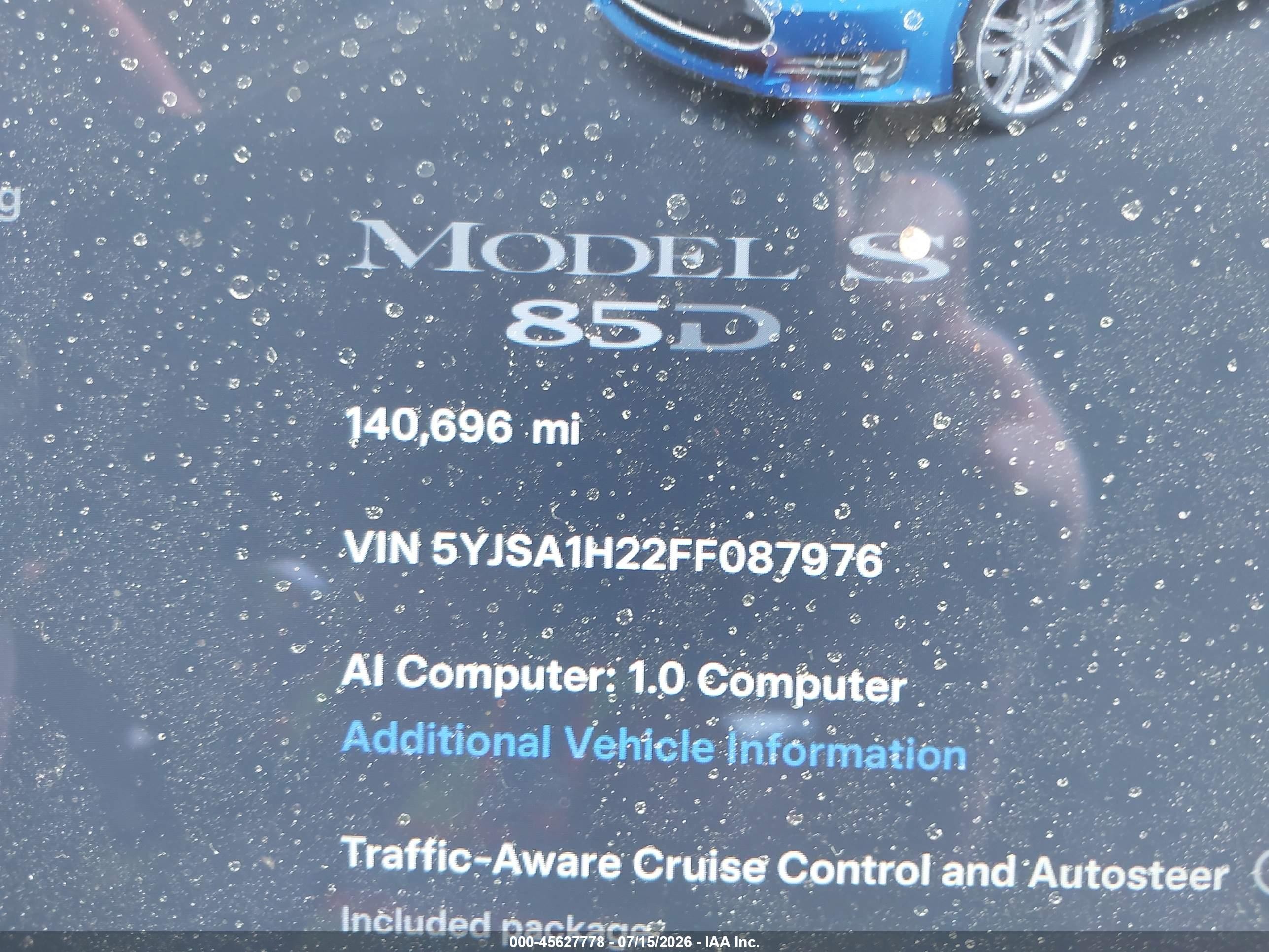 2015 Tesla Model S 70d/85d/p85d Dark Blue vin: 5YJSA1H22FF087976