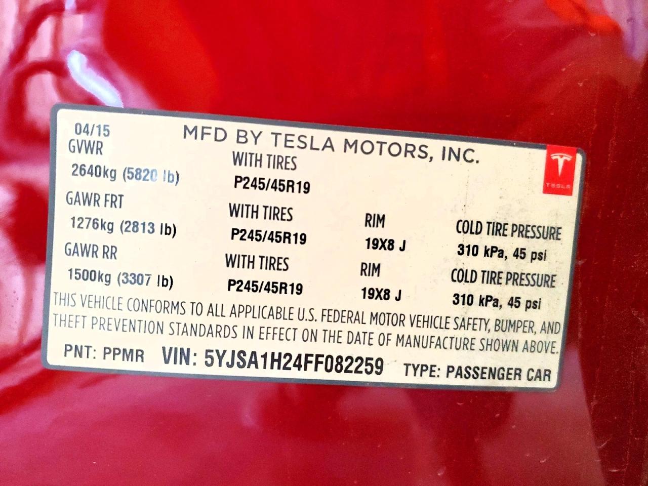 2015 Tesla Model S 85d Красный vin: 5YJSA1H24FF082259