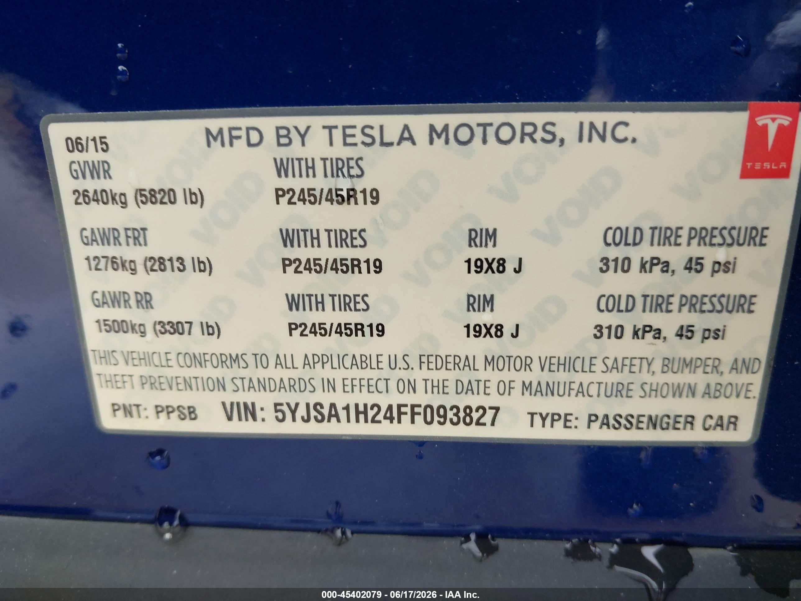 2015 Tesla Model S 70d/85d/p85d Blue vin: 5YJSA1H24FF093827
