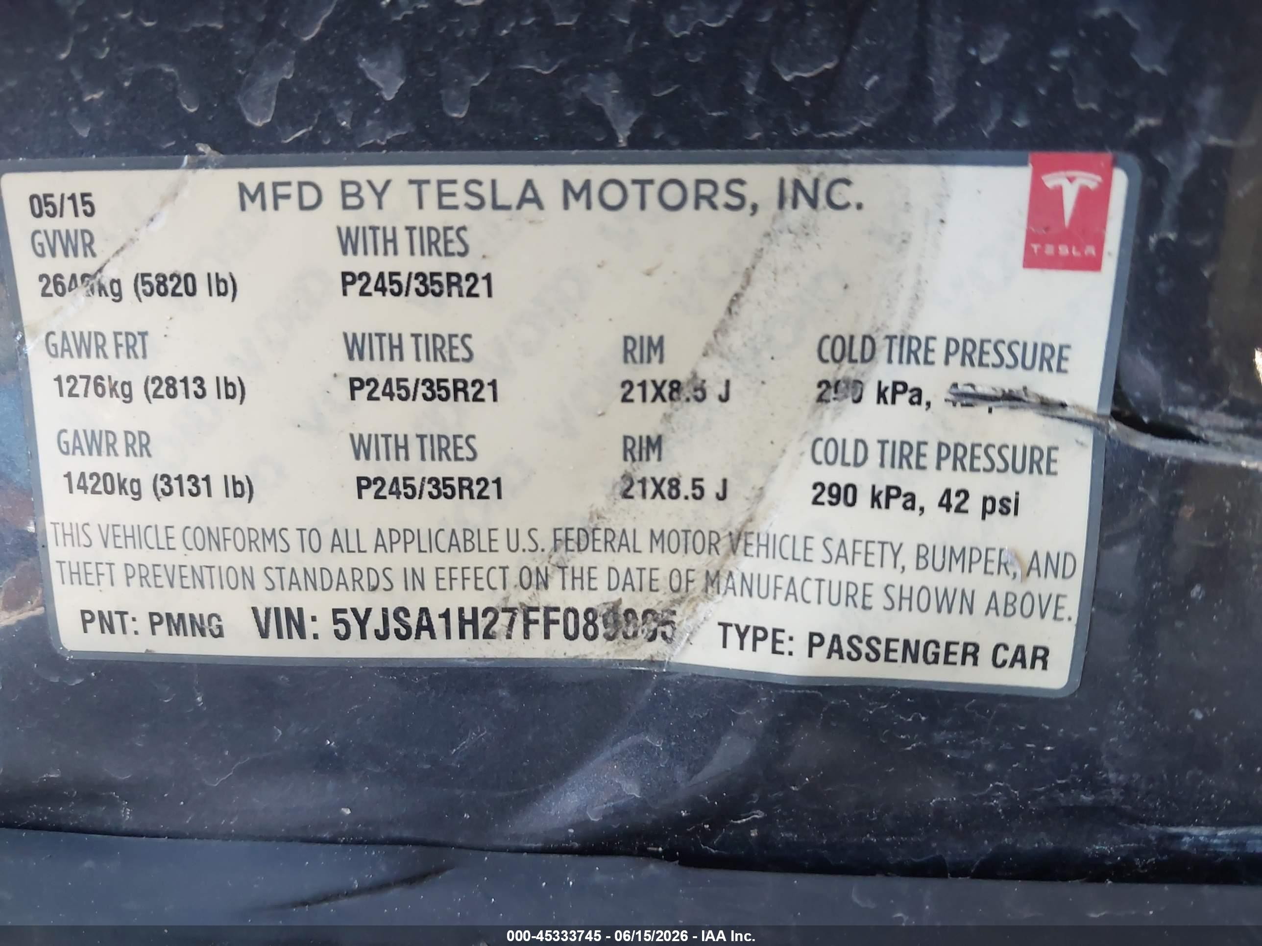 2015 Tesla Model S 70d/85d/p85d Gray vin: 5YJSA1H27FF089805
