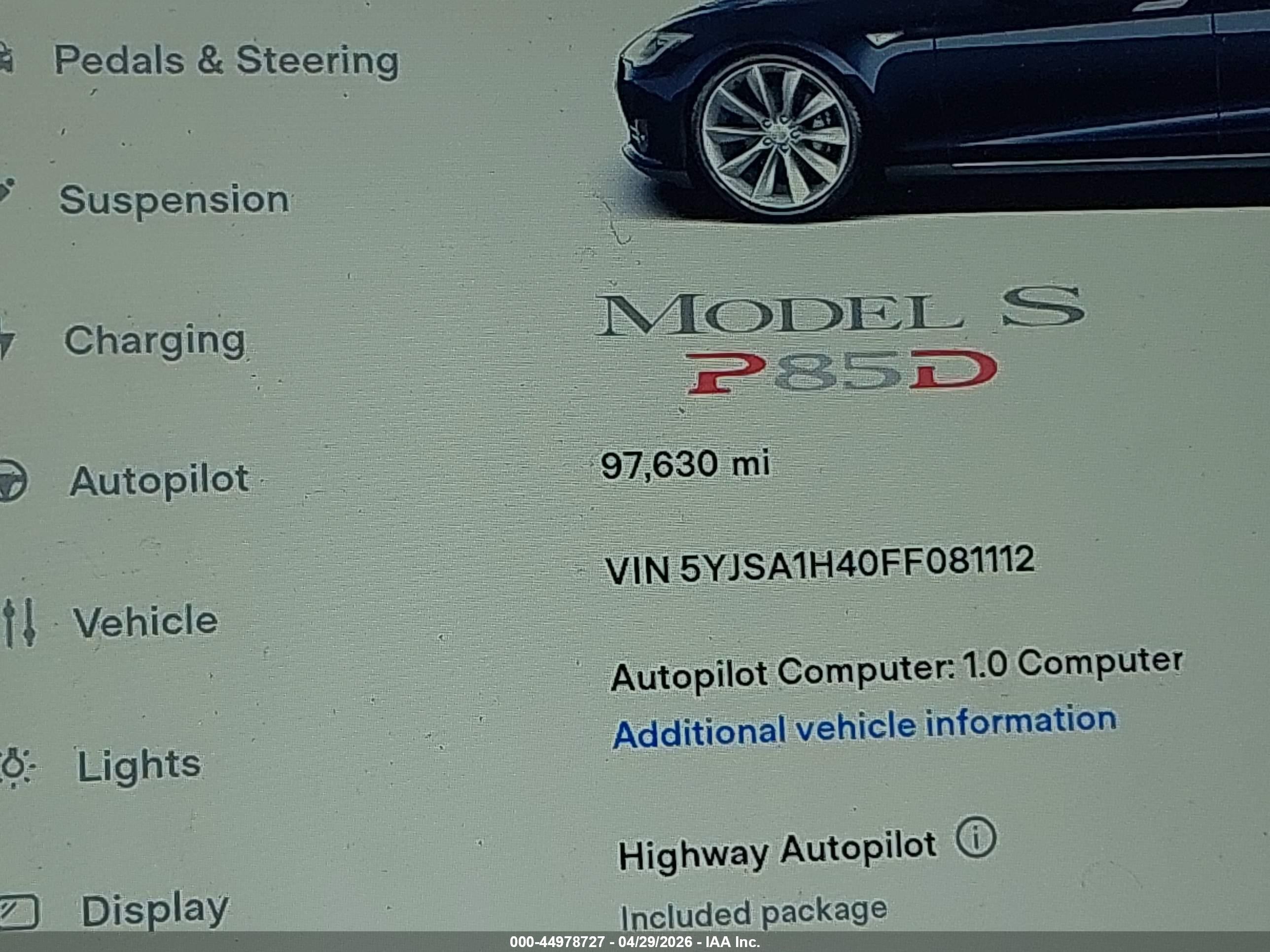 2015 Tesla Model S 85d/p85d Blue vin: 5YJSA1H40FF081112