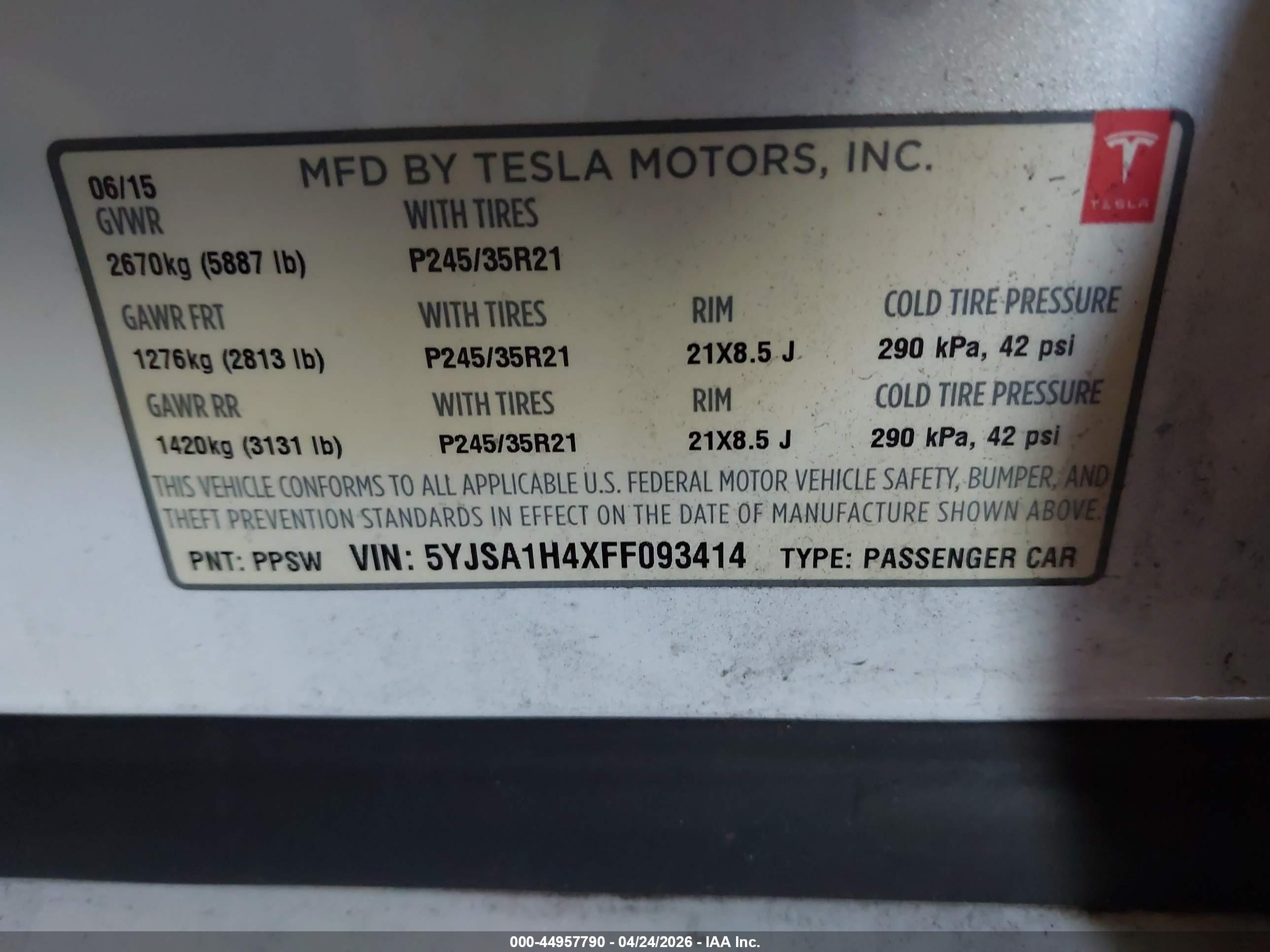 2015 Tesla Model S 85d/p85d White vin: 5YJSA1H4XFF093414