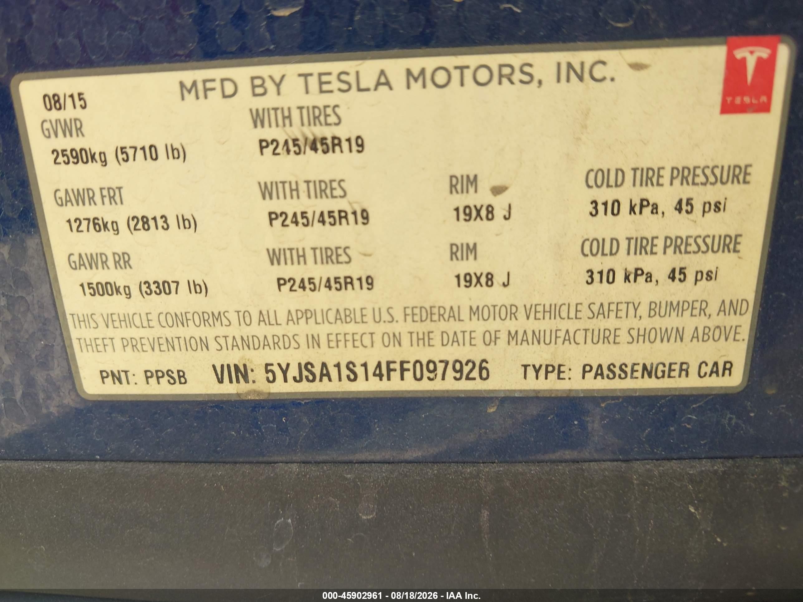 2015 Tesla Model S 60/70/85 Blue vin: 5YJSA1S14FF097926