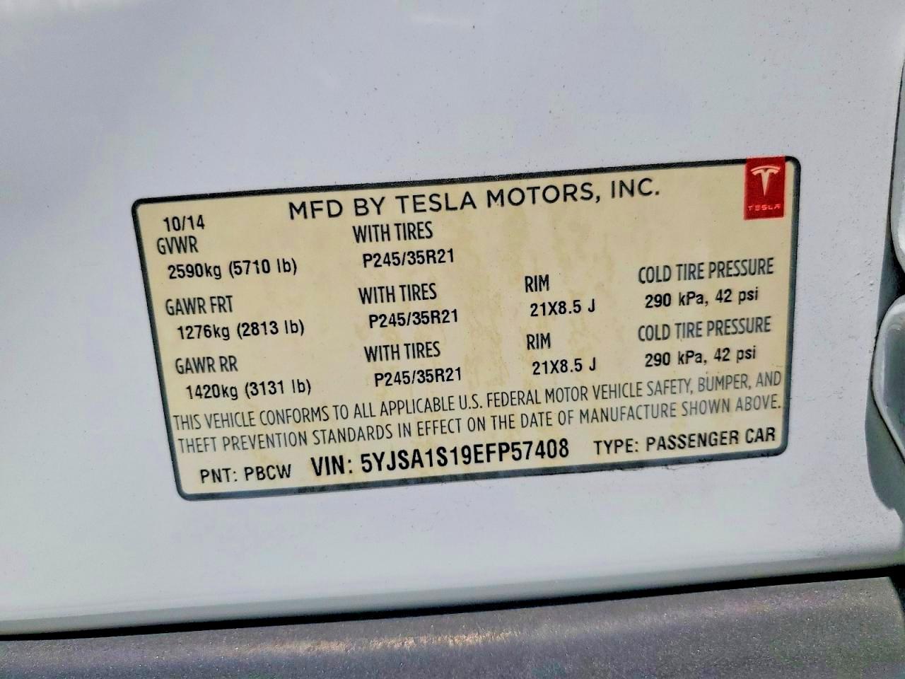 2014 Tesla Model S White vin: 5YJSA1S19EFP57408