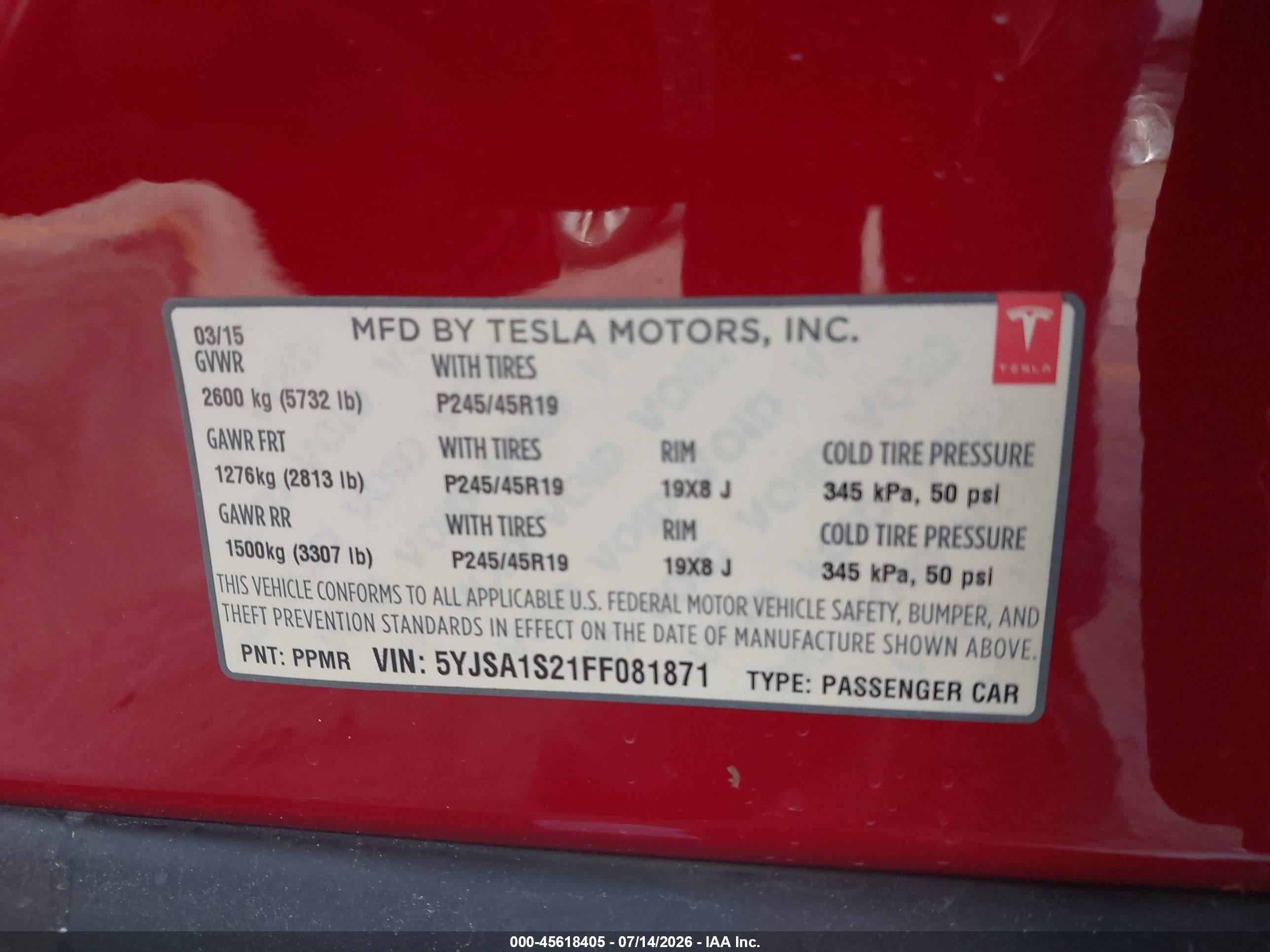 2015 Tesla Model S 70d/85d/p85d Red vin: 5YJSA1S21FF081871