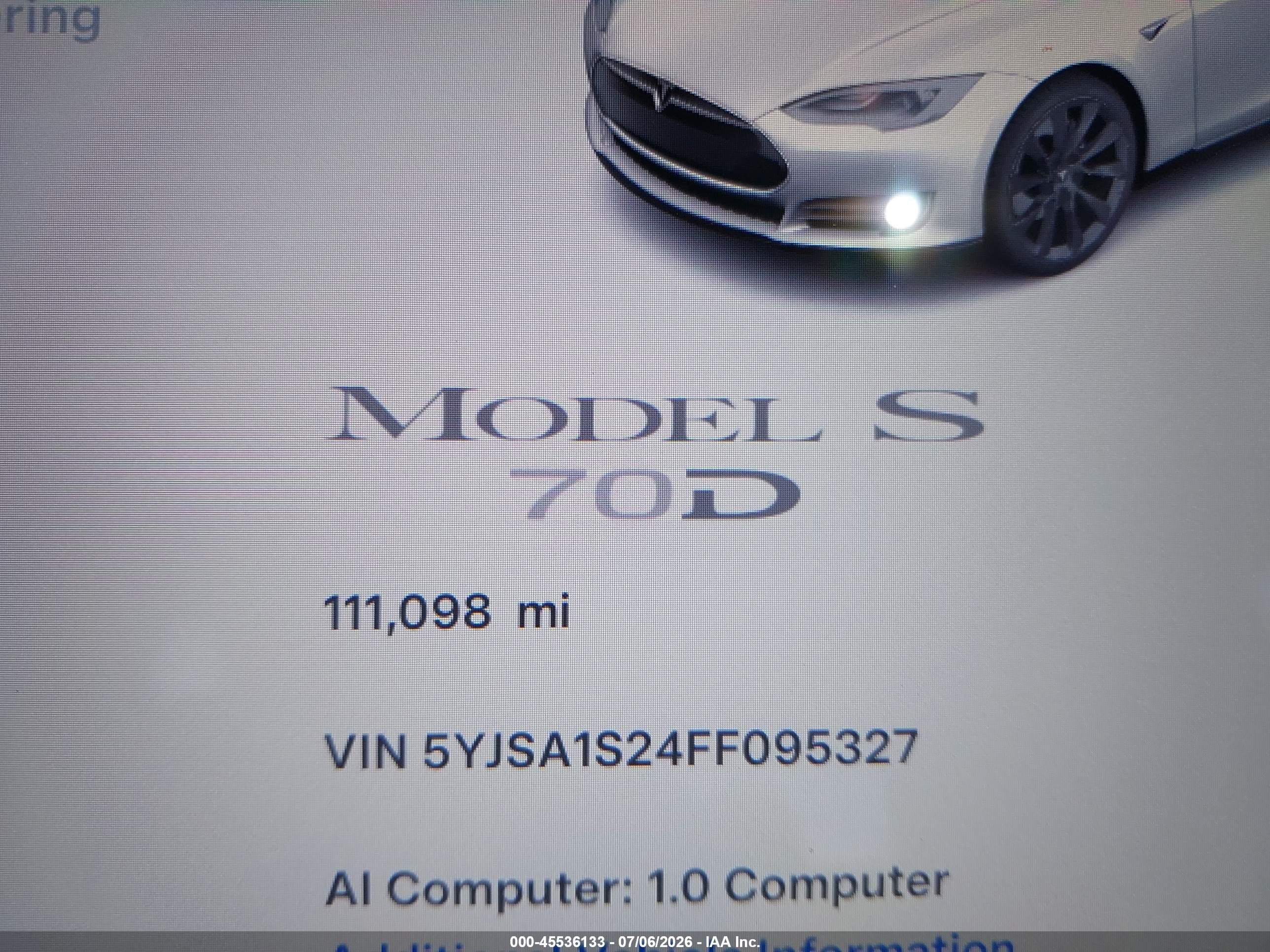 2015 Tesla Model S 70d/85d/p85d White vin: 5YJSA1S24FF095327