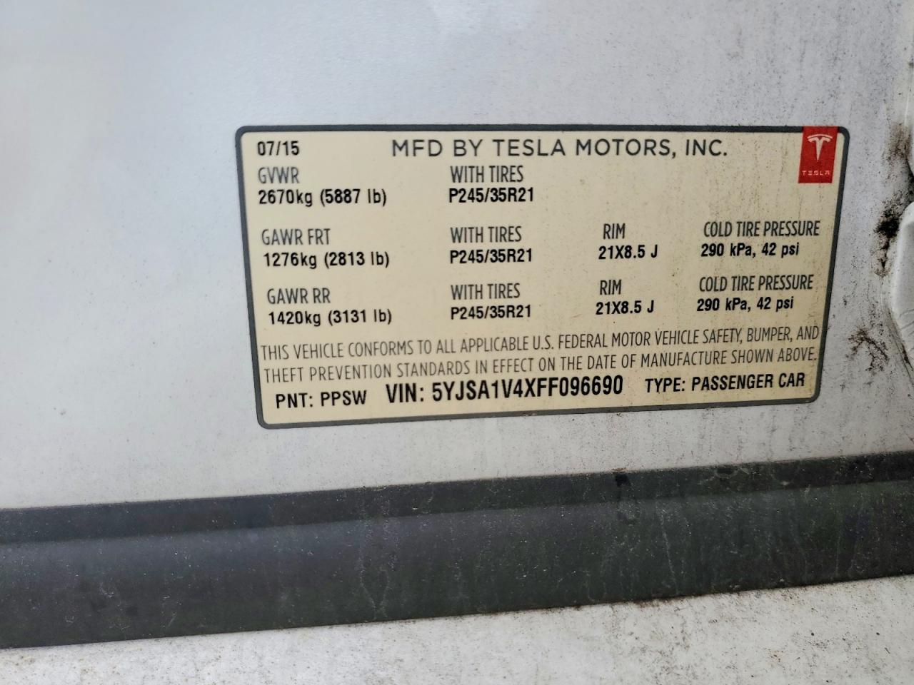 2015 Tesla Model S P90d White vin: 5YJSA1V4XFF096690