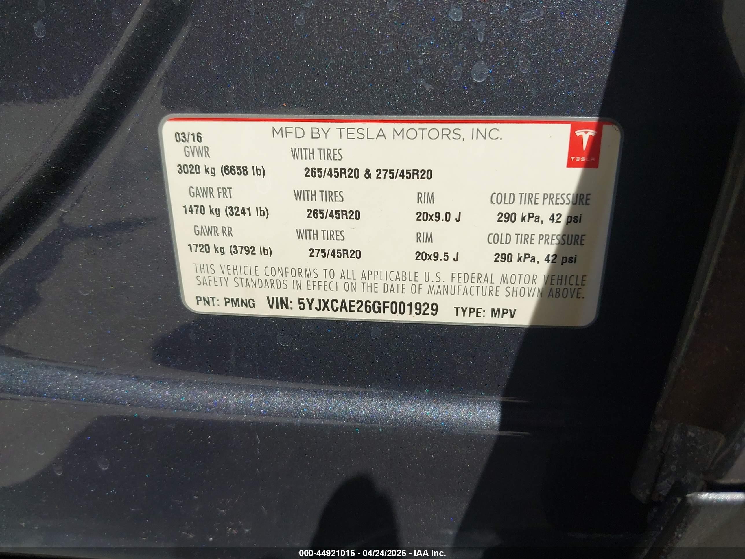 2016 Tesla Model X 60d/70d/75d/90d Black vin: 5YJXCAE26GF001929