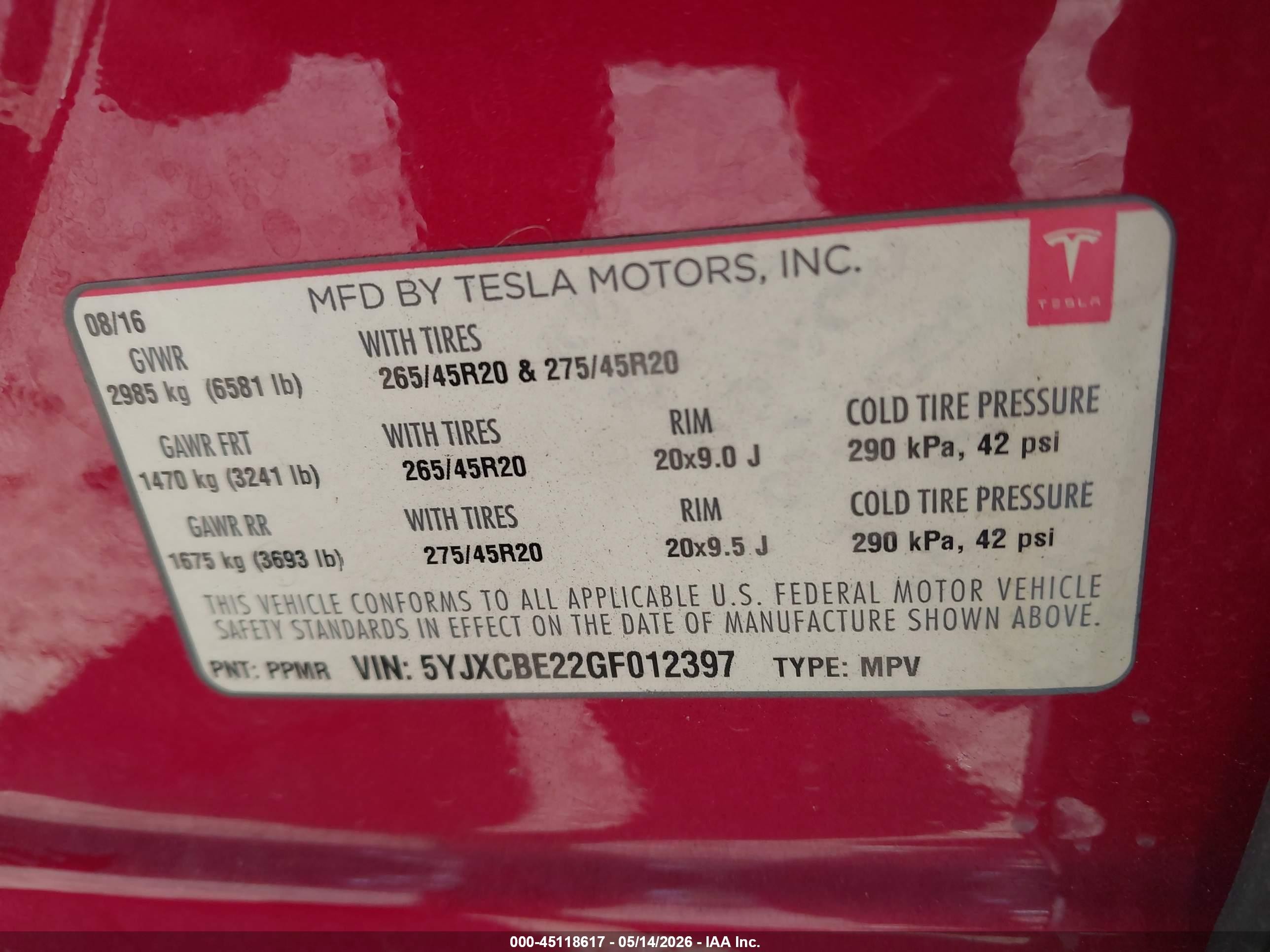 2016 Tesla Model X 60d/70d/75d/90d/p100d Red vin: 5YJXCBE22GF012397