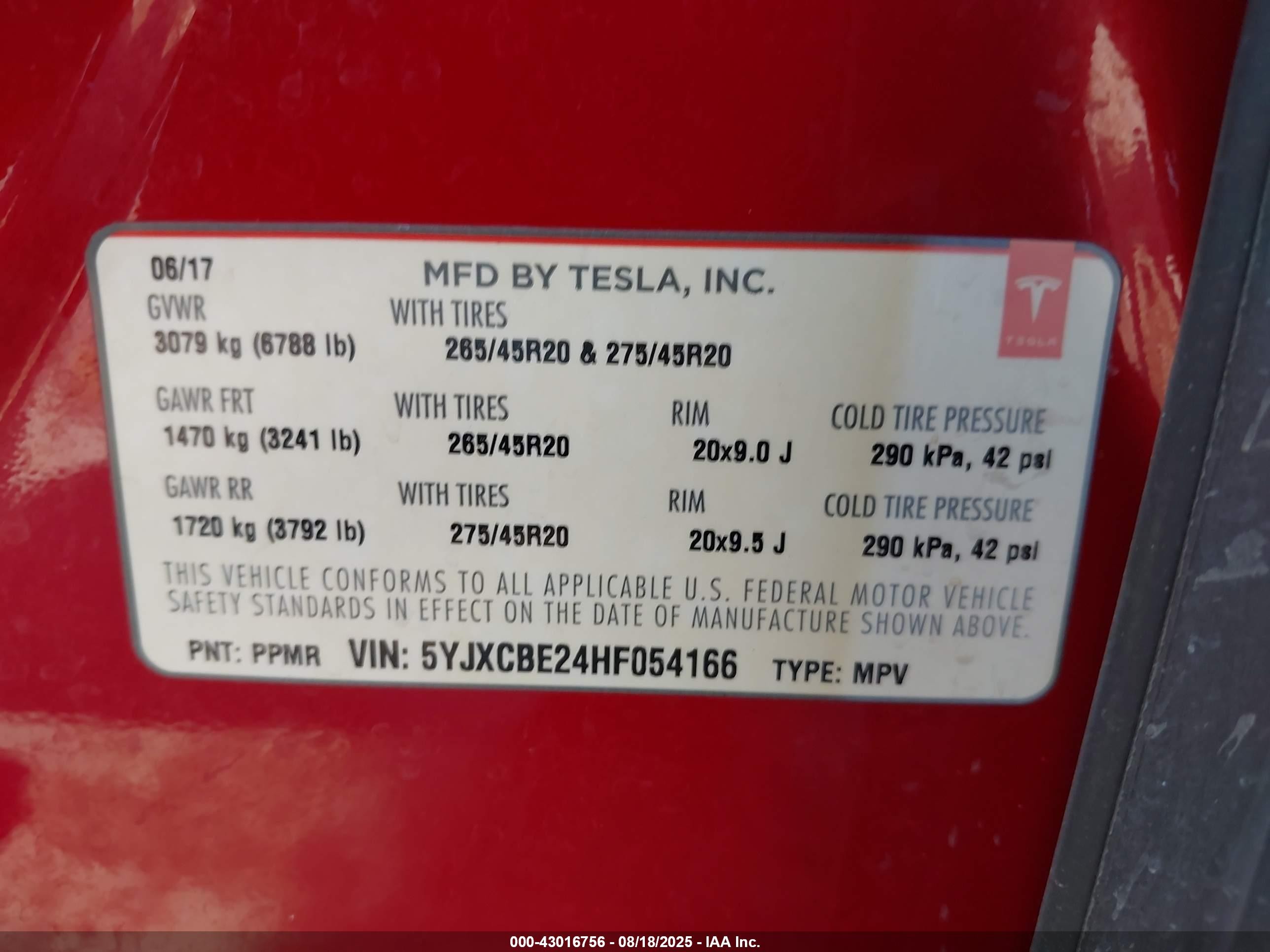 2017 Tesla Model X 100d/75d/90d Red vin: 5YJXCBE24HF054166