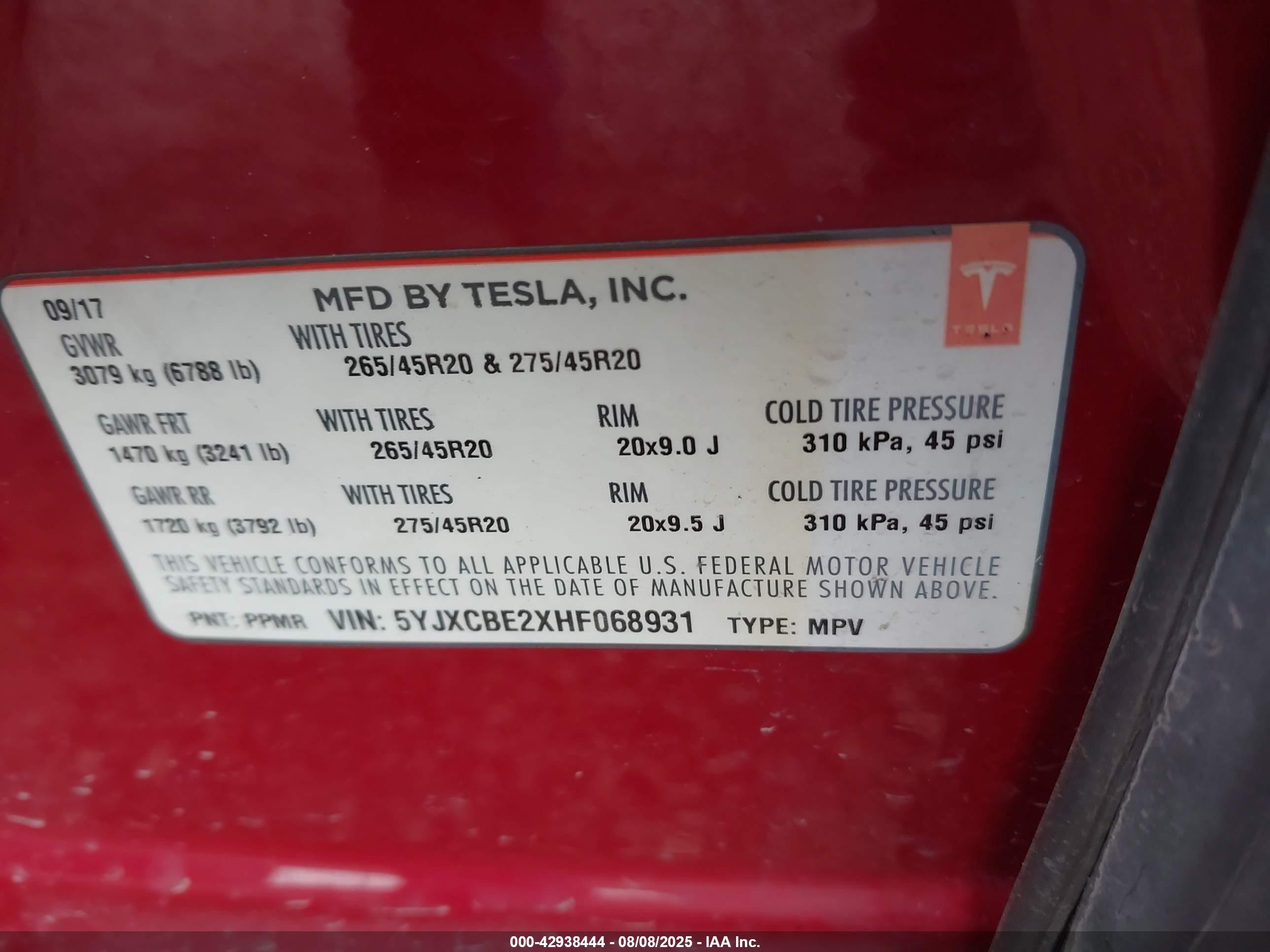 2017 Tesla Model X 100d/75d/90d Красный vin: 5YJXCBE2XHF068931