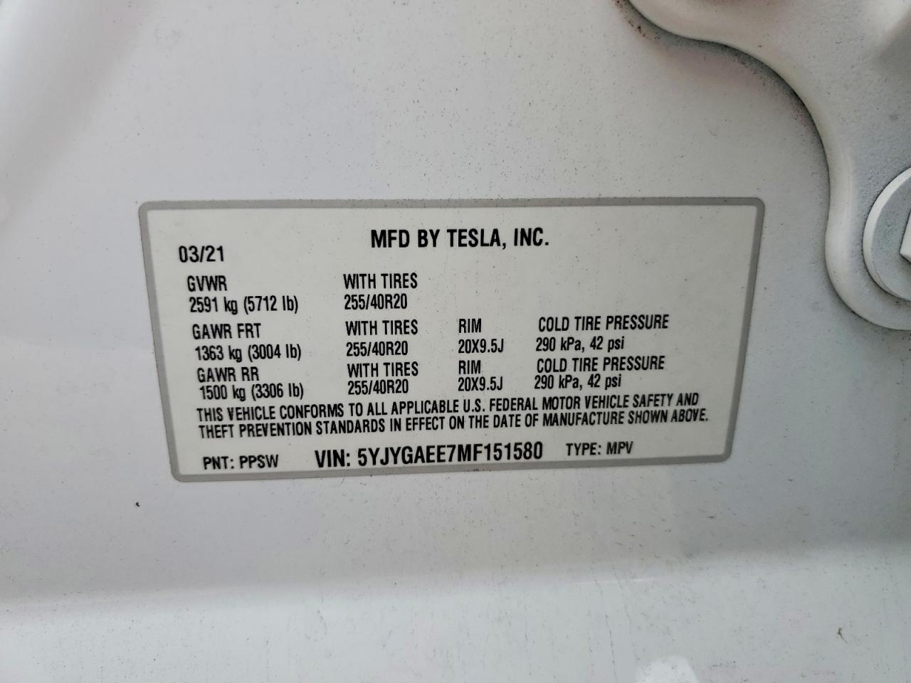 2021 Tesla Model Y White vin: 5YJYGAEE7MF151580