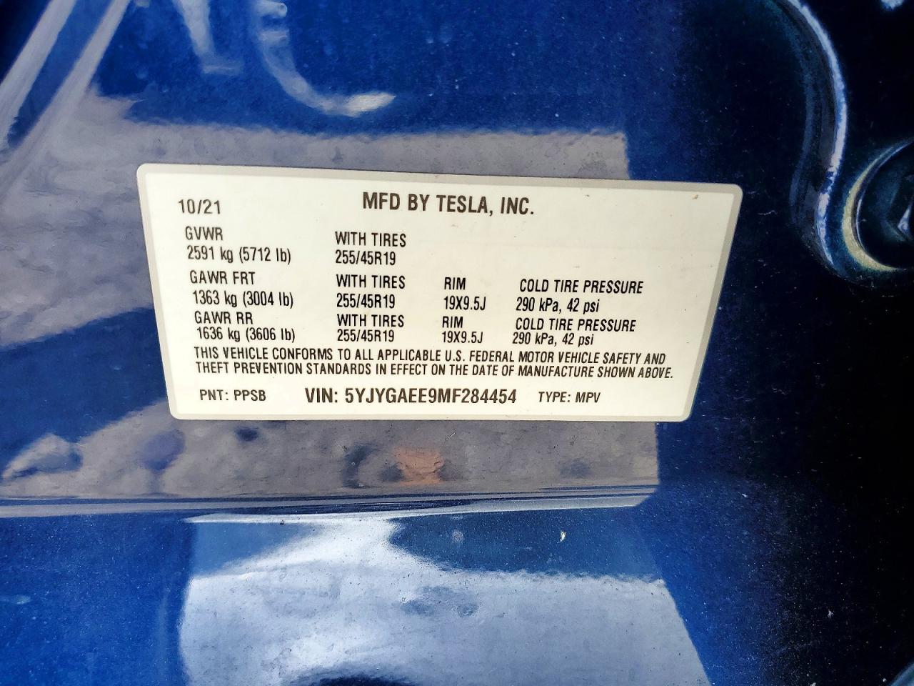 2021 Tesla Model Y Blue vin: 5YJYGAEE9MF284454