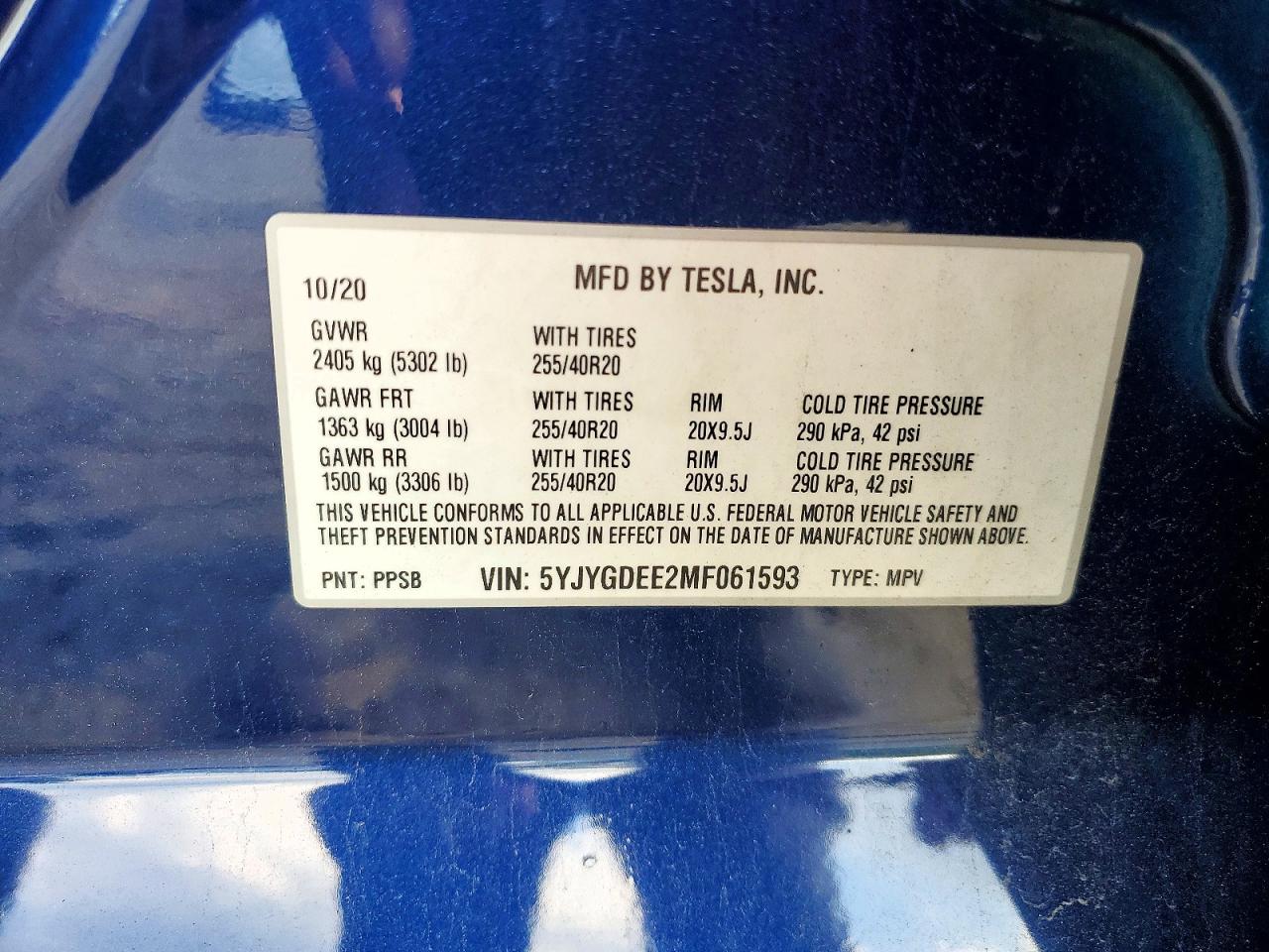 2021 Tesla Model Y Blue vin: 5YJYGDEE2MF061593