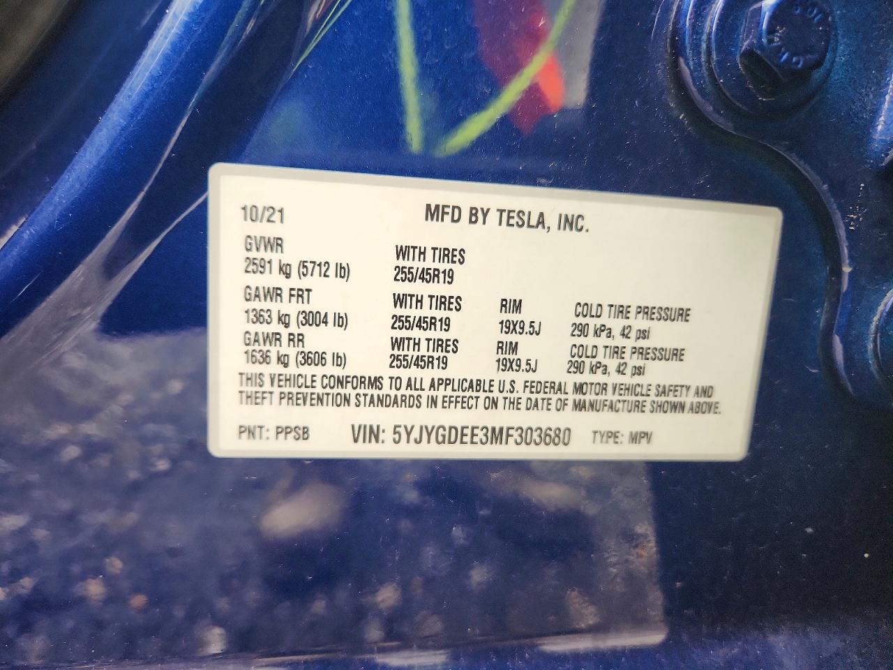 2021 Tesla Model Y Blue vin: 5YJYGDEE3MF303680