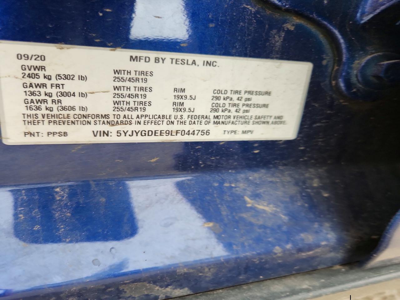 2020 Tesla Model Y Синий vin: 5YJYGDEE9LF044756